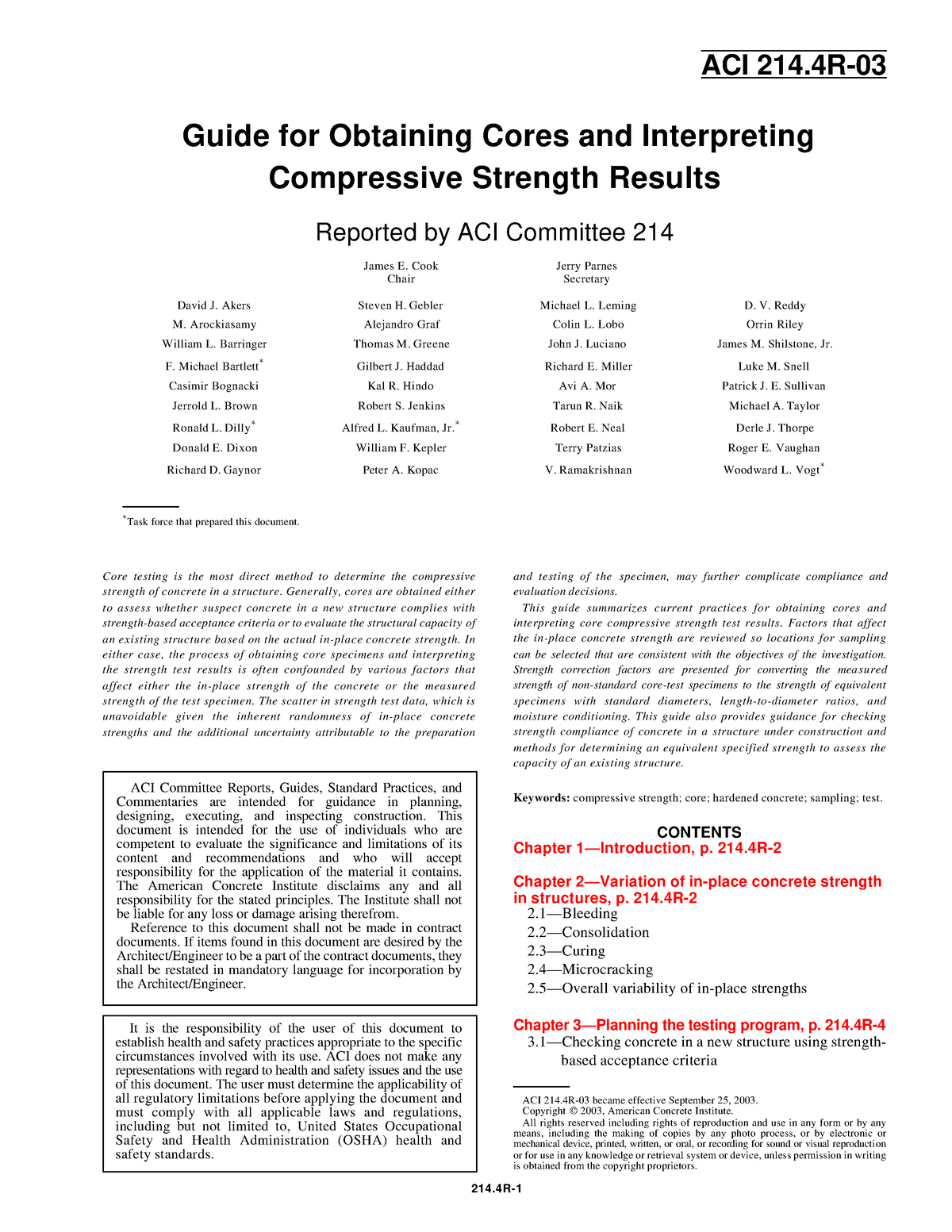 ACI 214.4R 03 Guide For Obtaining Cores And Interpreting Compressive ...