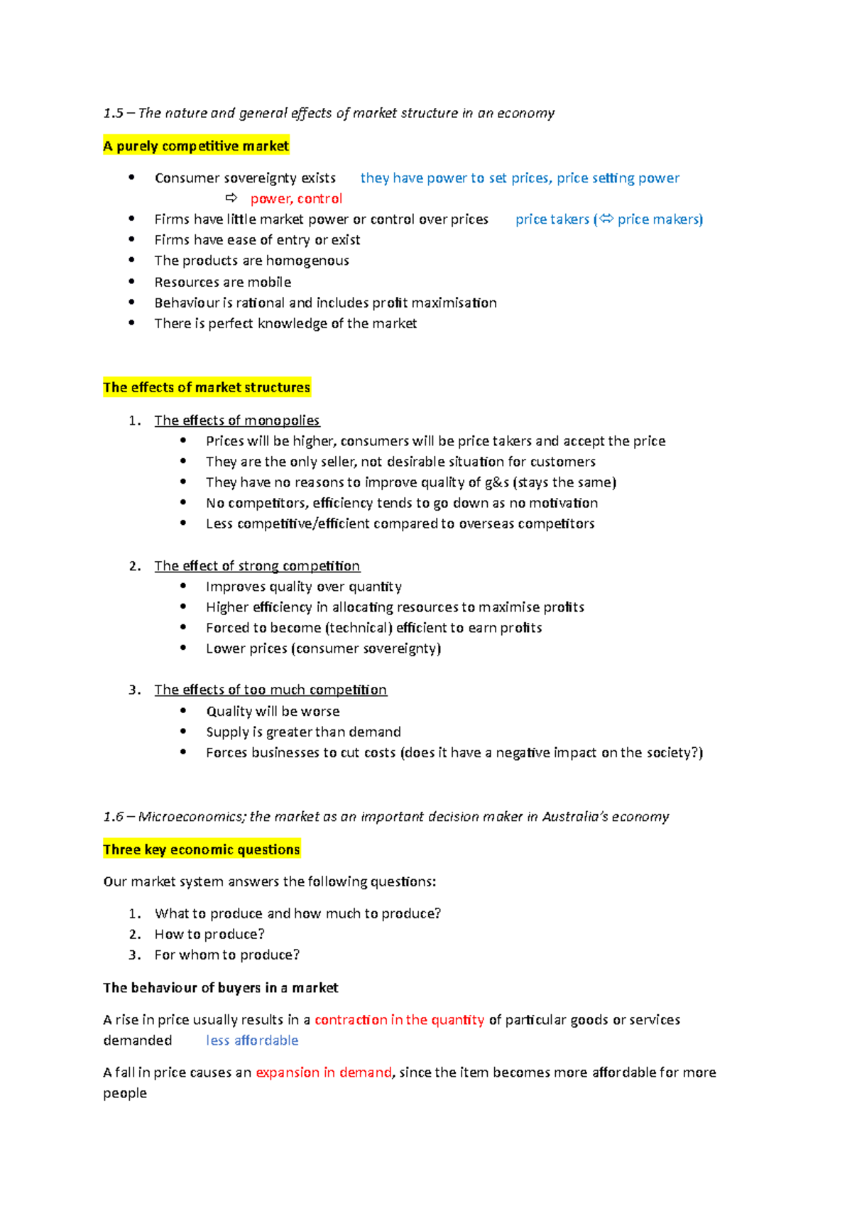 VCE Economics Unit 3 Topic 1 1 The nature and general effects of market structure in an