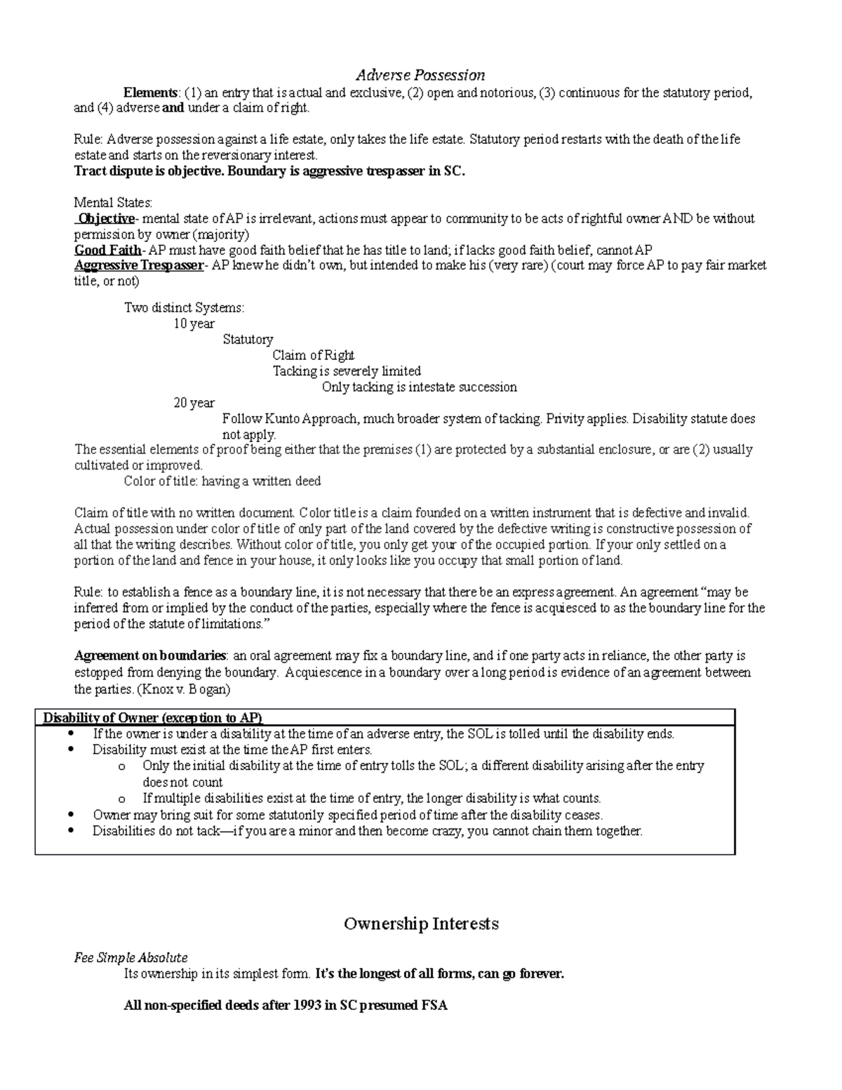 Property Outline - Adverse Possession Elements: (1) an entry that is ...