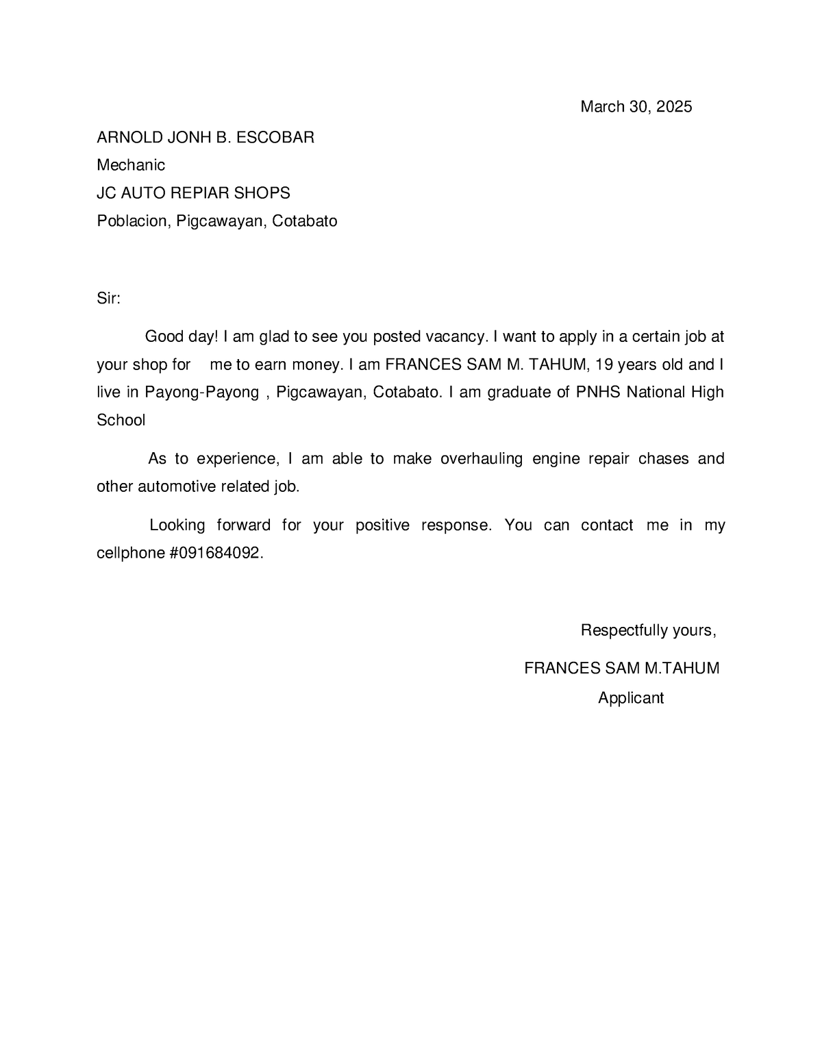 Application Letter - March 30, 2025 ARNOLD JONH B. ESCOBAR Mechanic JC ...