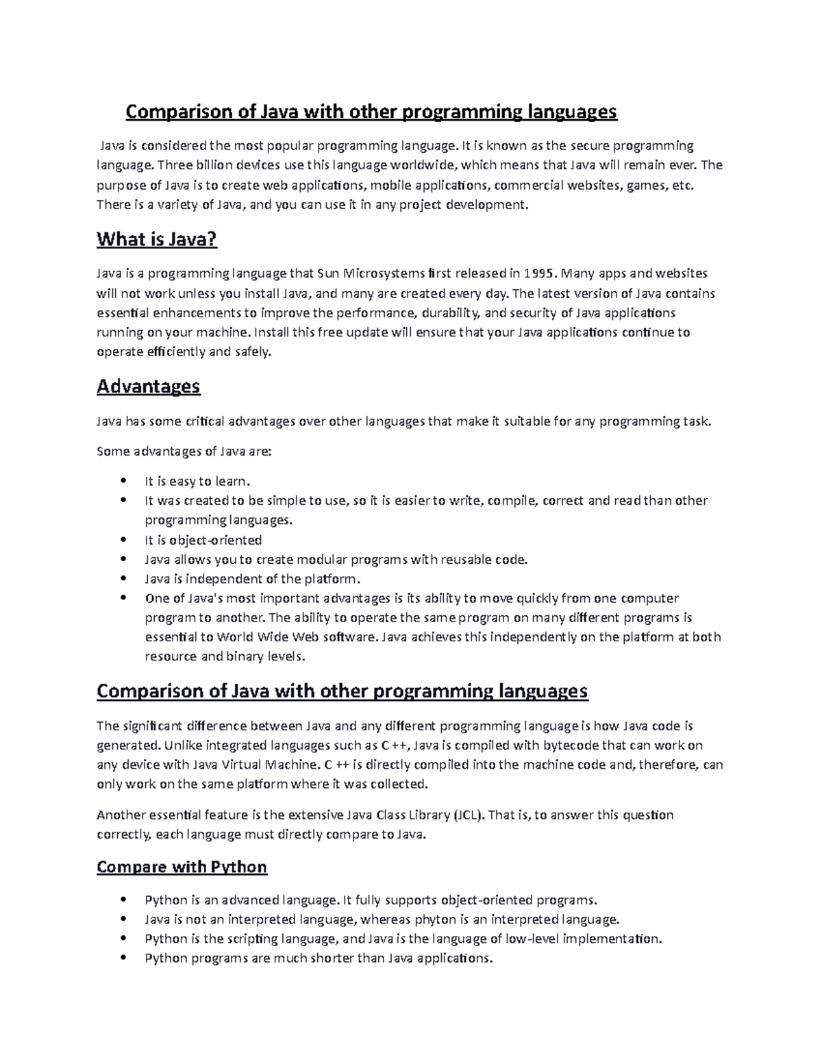 Comparison OF JAVA WITH Other Programming Language - Comparison of Java ...