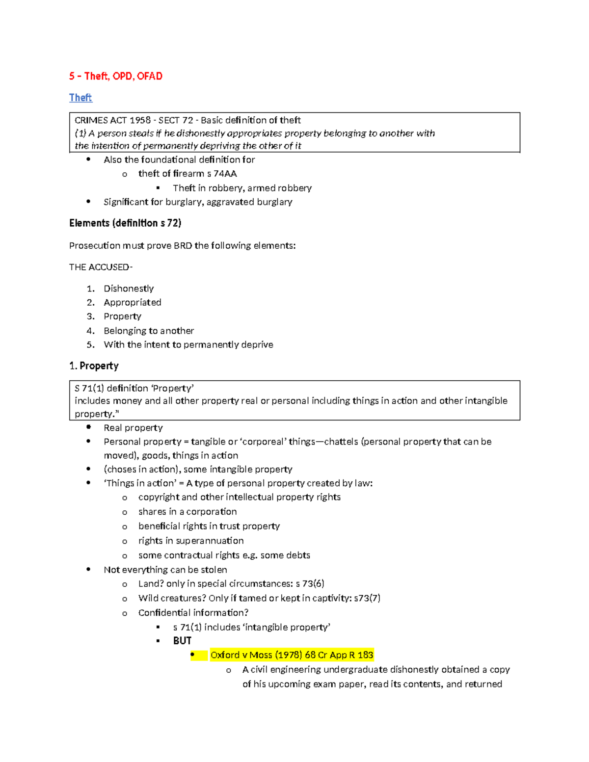 Criminal Exam Notes - 5 – Theft, OPD, OFAD Theft CRIMES ACT 1958 - SECT ...