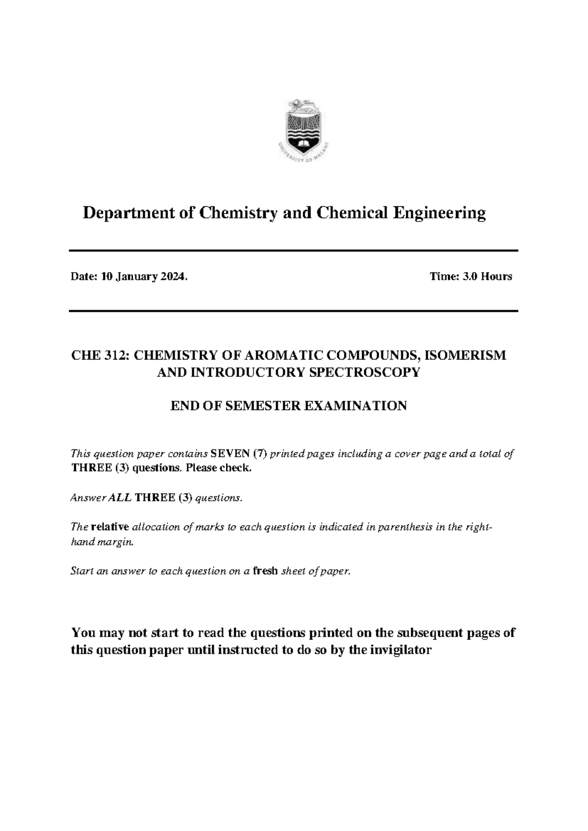 CHE 312 REF 2023 - referred exams - Department of Chemistry and ...