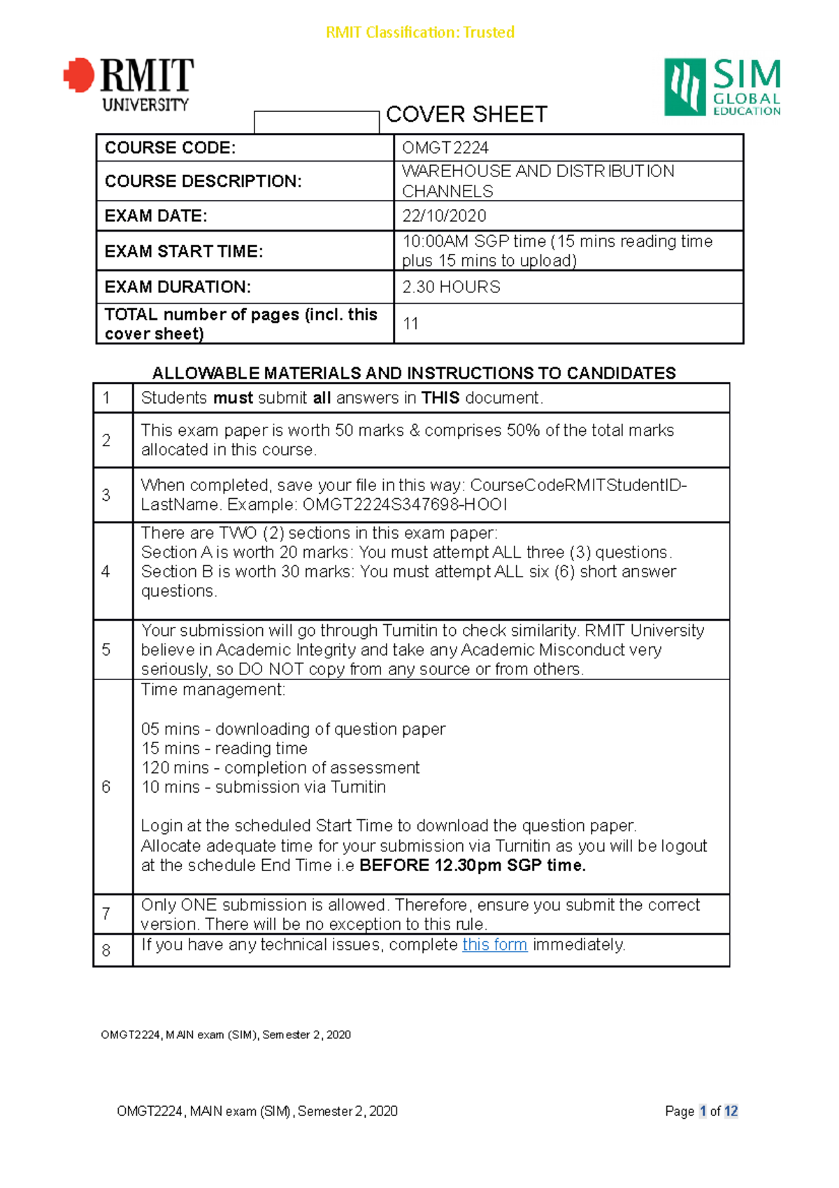 final exam questions - COVER SHEET COURSE CODE: OMGT COURSE DESCRIPTION ...