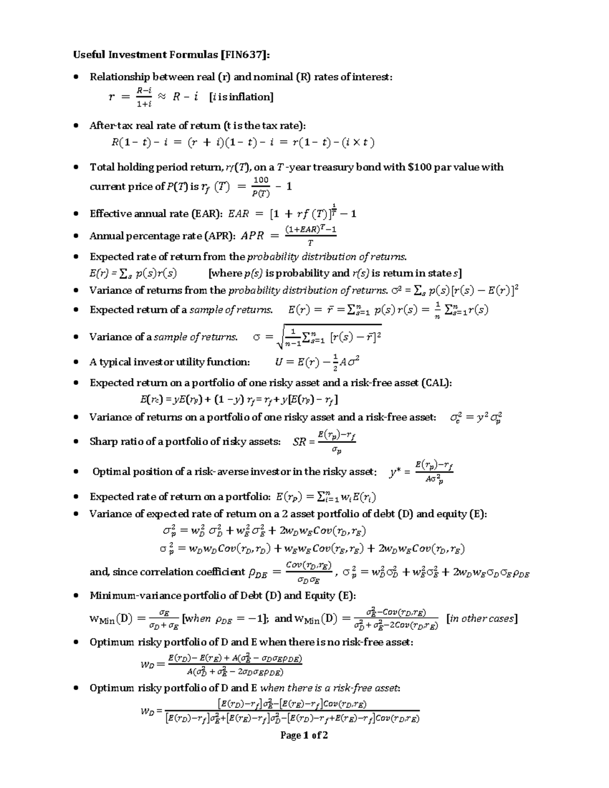 Useful Investment Formulas [revised] - Page 1 of 2 Useful Investment ...
