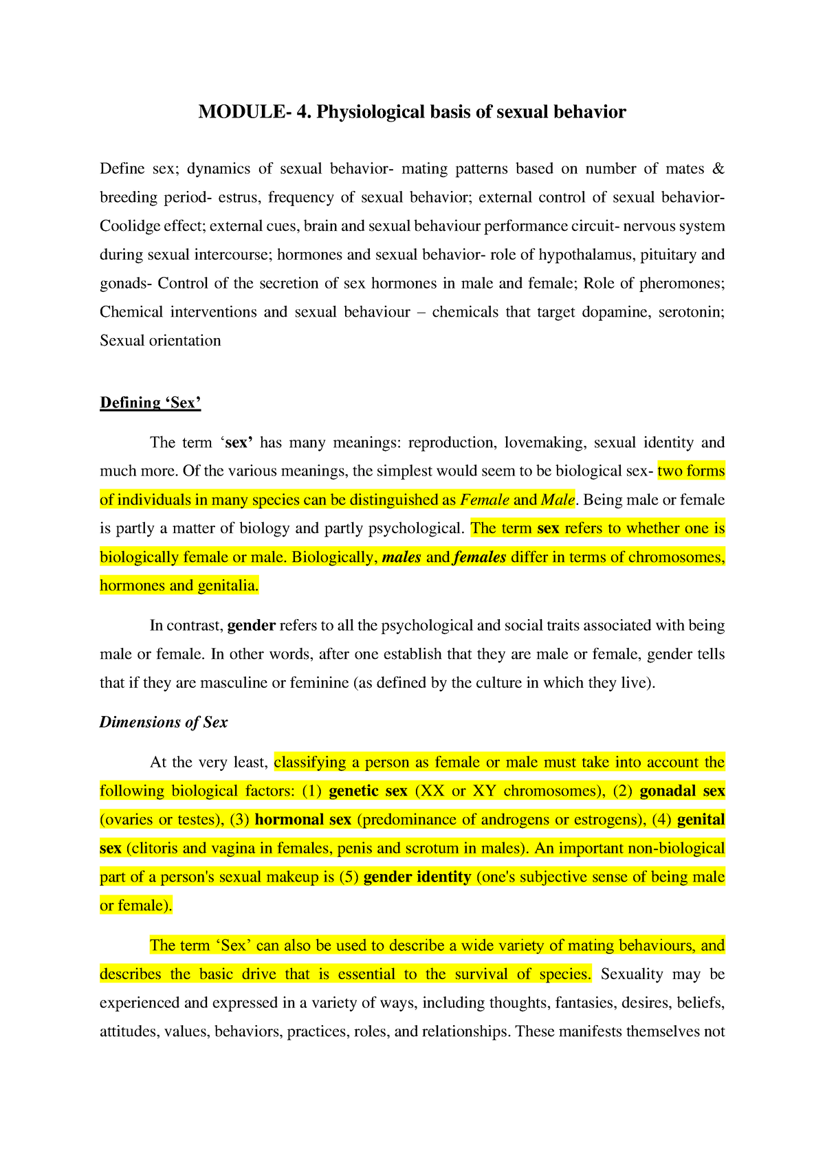 Sexual Behaviour Physiology Notes Module 4 Physiological Basis Of Sexual Behavior Define