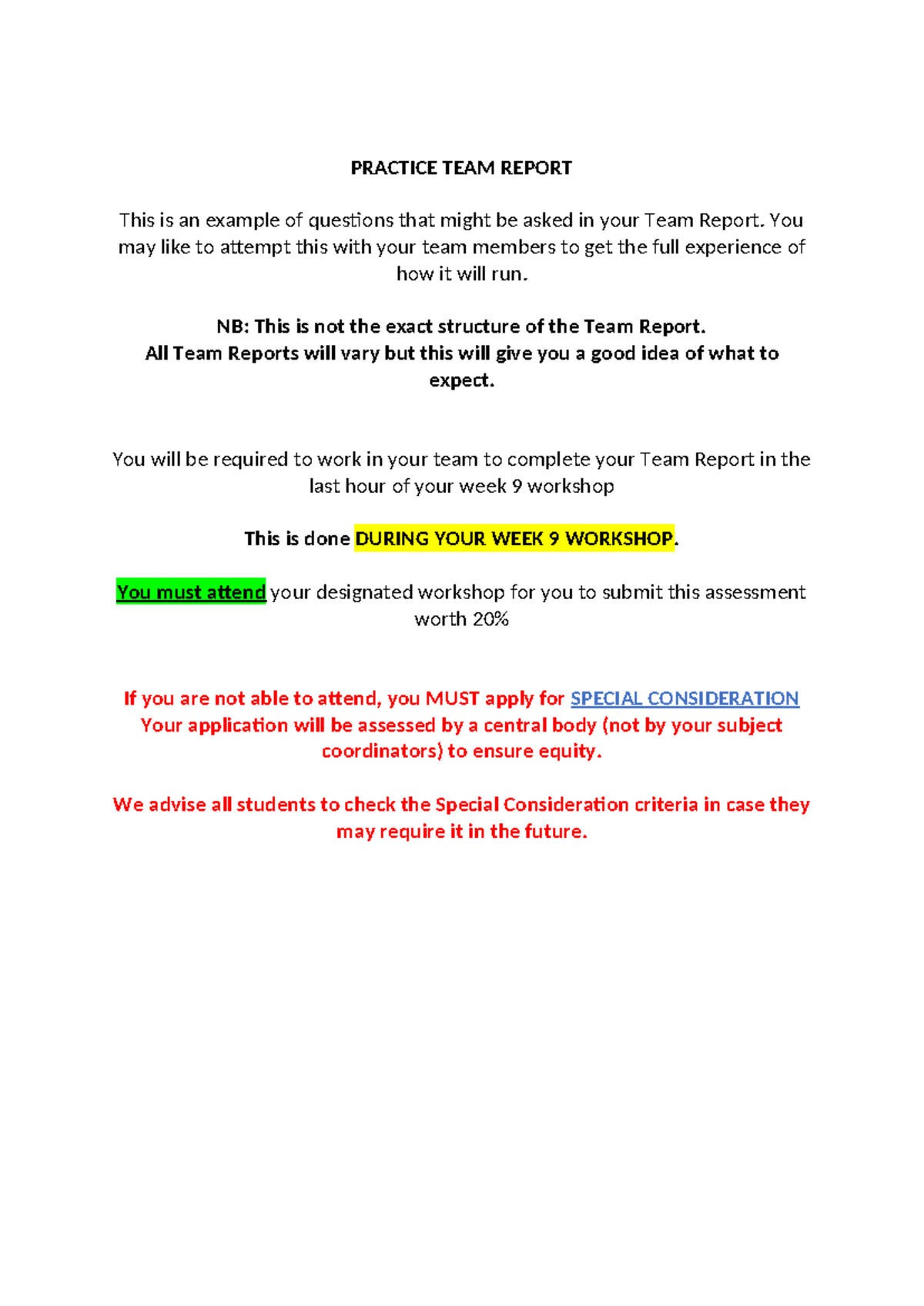HBS1HBB Practice Team Report - PRACTICE TEAM REPORT This is an example ...