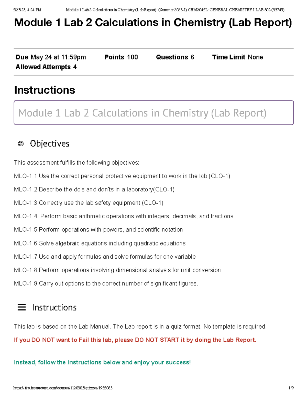 1Module 1 Lab 2 Calculations in Chemistry (Lab Report) (Summer 2023-1 ...