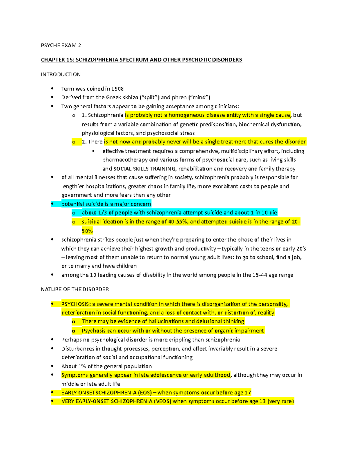 Psyche EXAM 2 - Lecture notes - PSYCHE EXAM 2 CHAPTER 15: SCHIZOPHRENIA ...