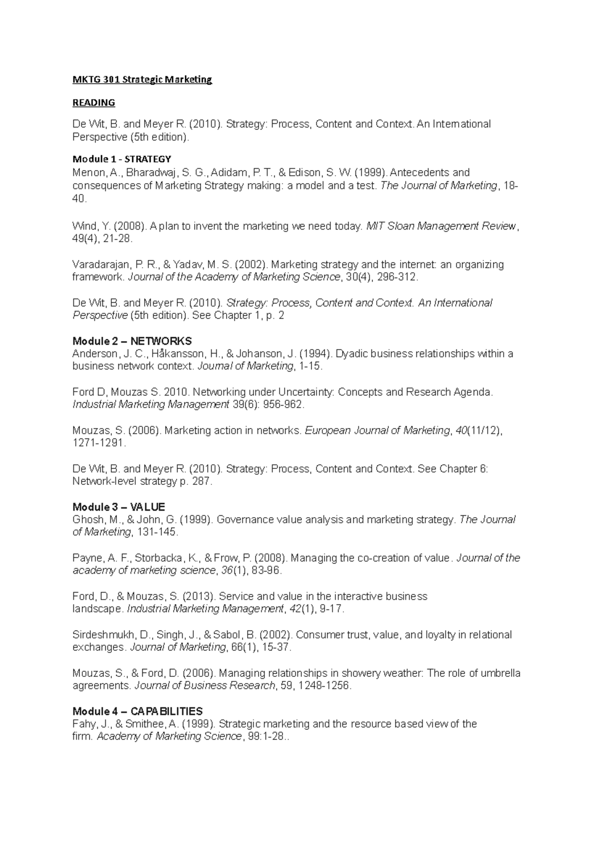 Readings - Reading List For MKTG 301 - MKTG 301 Strategic Marketing ...