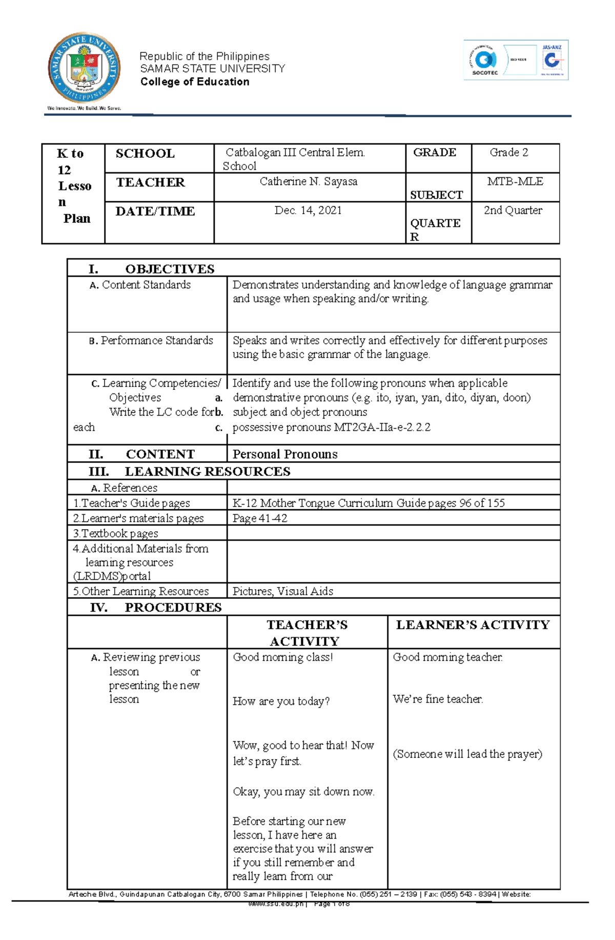 Sayasa Revised Mtb-mle Lesson Plan - Samar State University College Of 