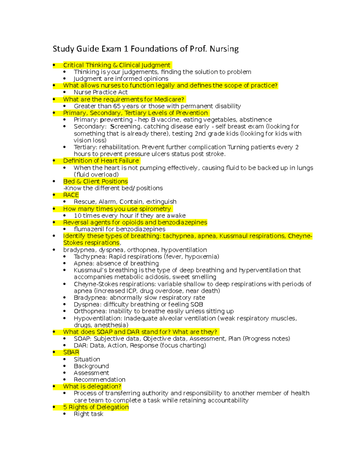 Study Guide Exam 1 Foundations of Prof - Nursing Critical Thinking ...