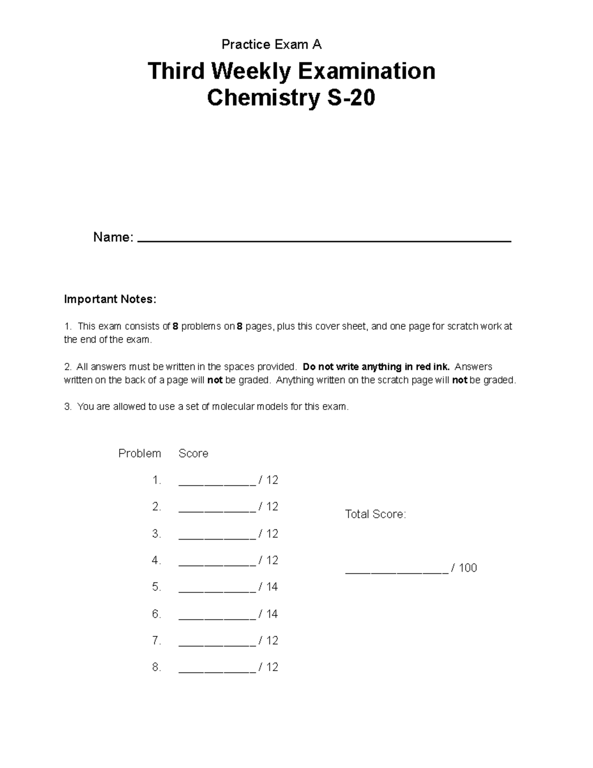 Practice-Exam-3A - Practice test - Third Weekly Examination Chemistry S ...