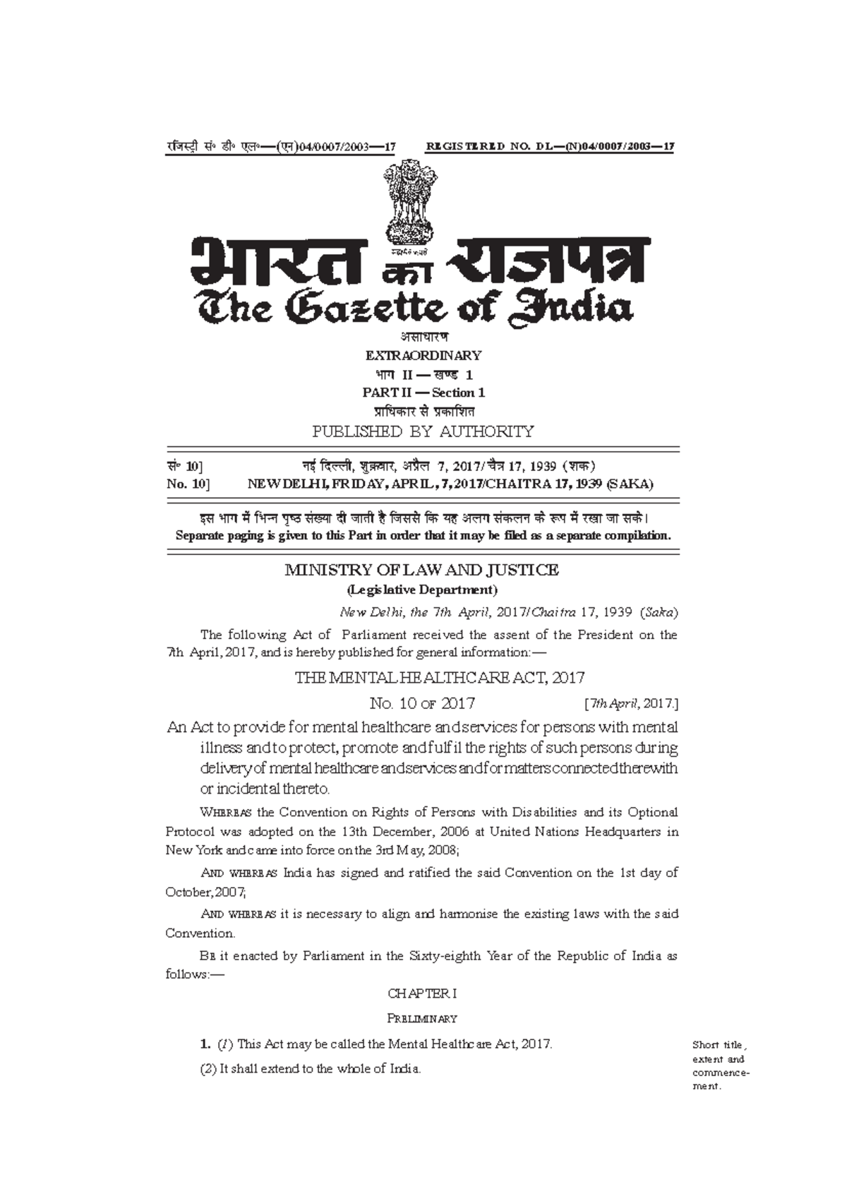 The Mental Healthcare Act 2017 THE MENTAL HEALTHCARE ACT 2017 NO 10