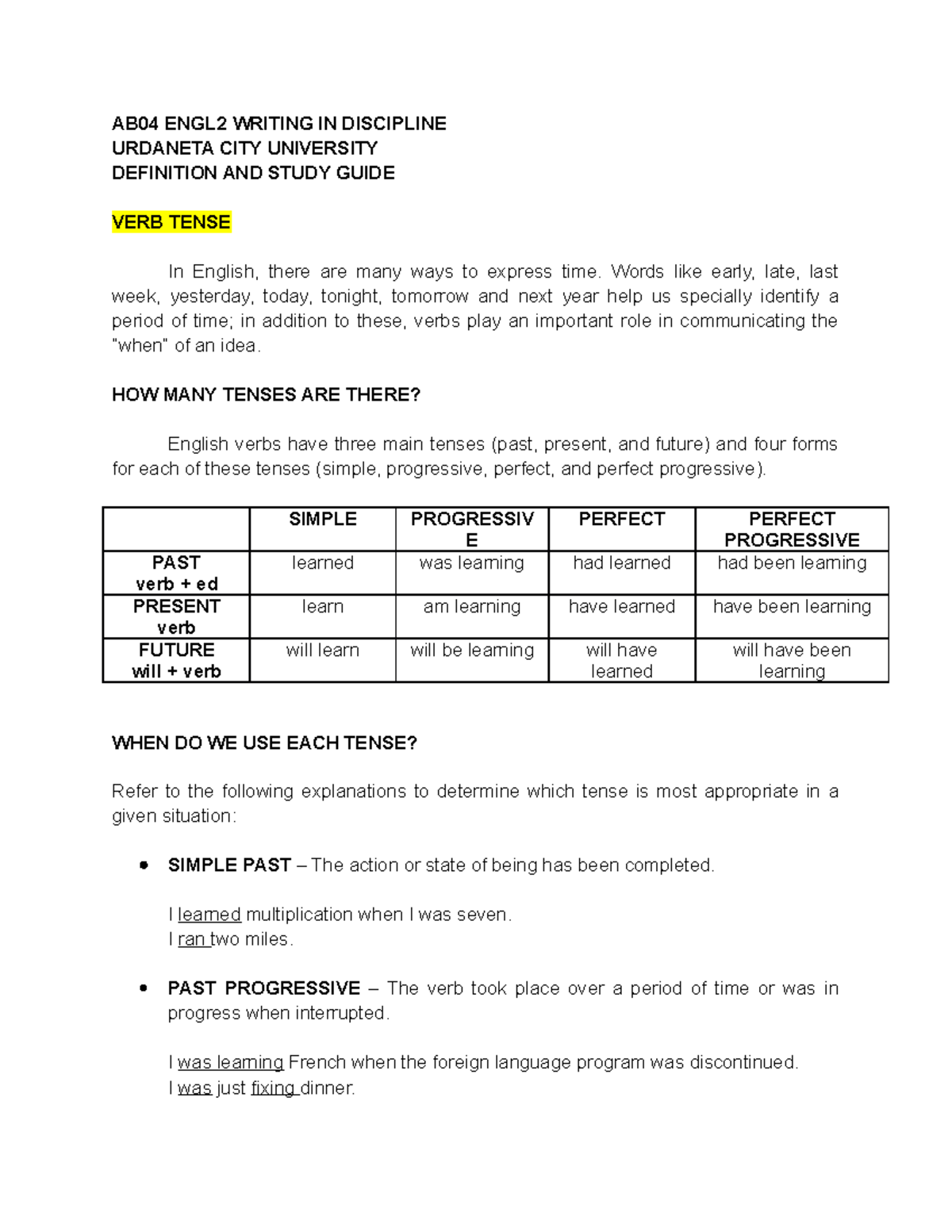 VERB Tense AB04 ENGL2 WRITING IN DISCIPLINE CITY UNIVERSITY