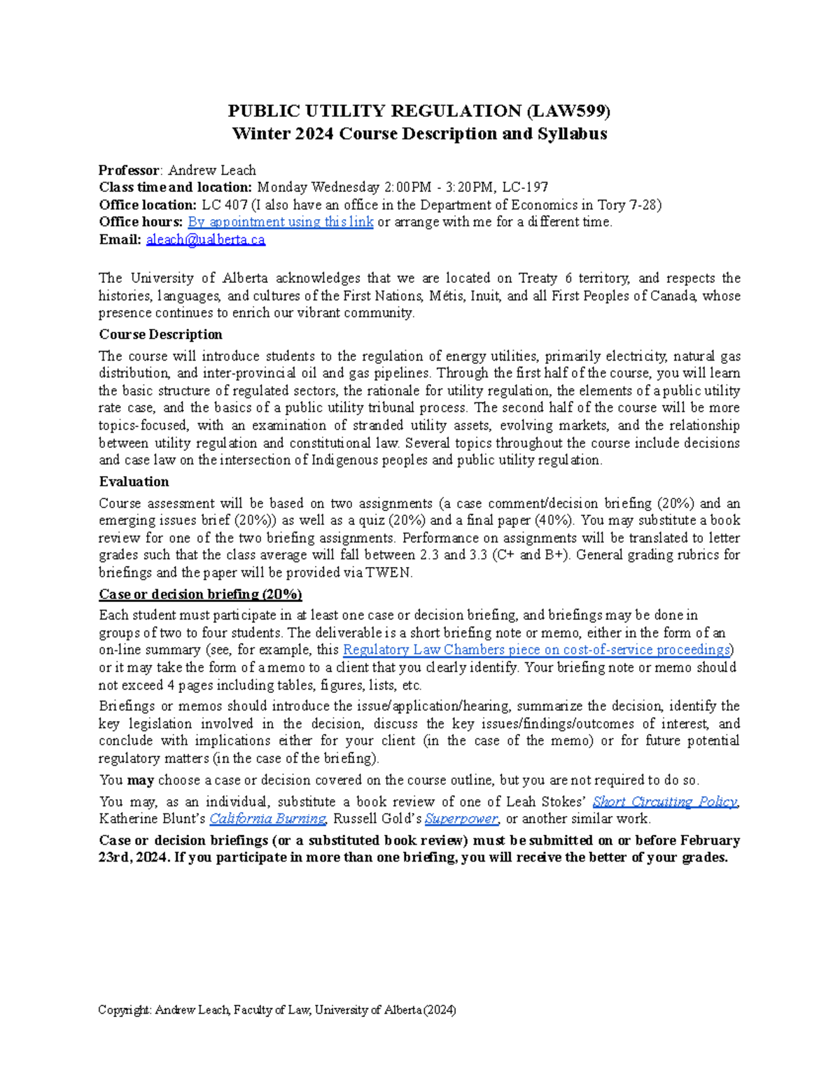 Utilities Syllabus 2024 PUBLIC UTILITY REGULATION (LAW599) Winter