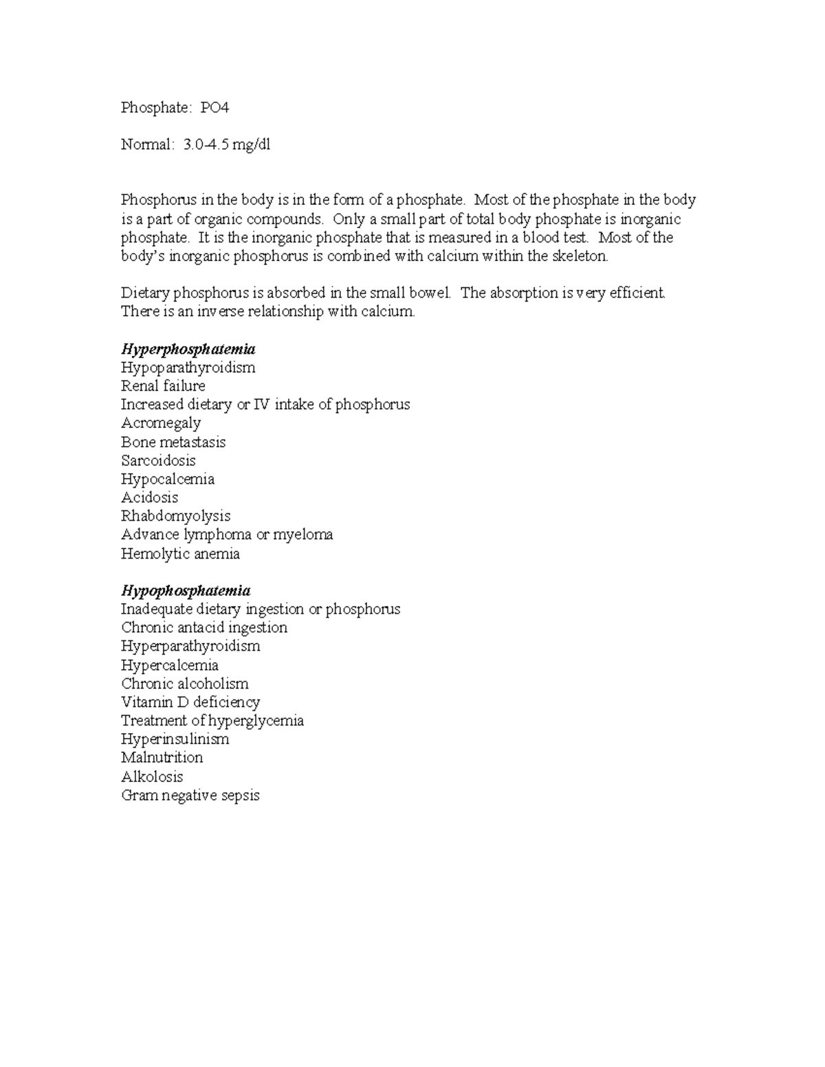 Phosphate(1) nursing notes Phosphate PO Normal 3.04 mg/dl