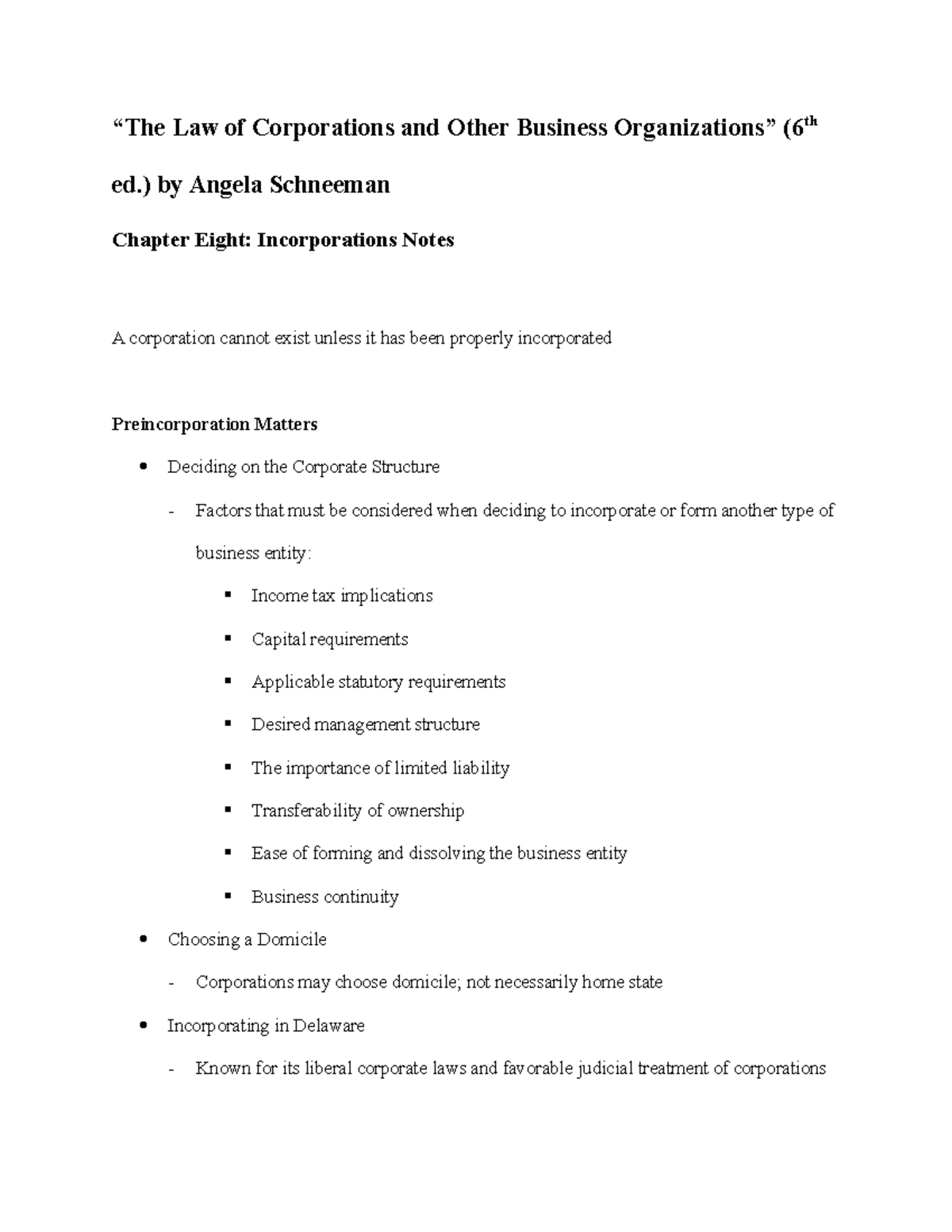 Corporate Law Chapter Eight Notes - “The Law of Corporations and Other ...