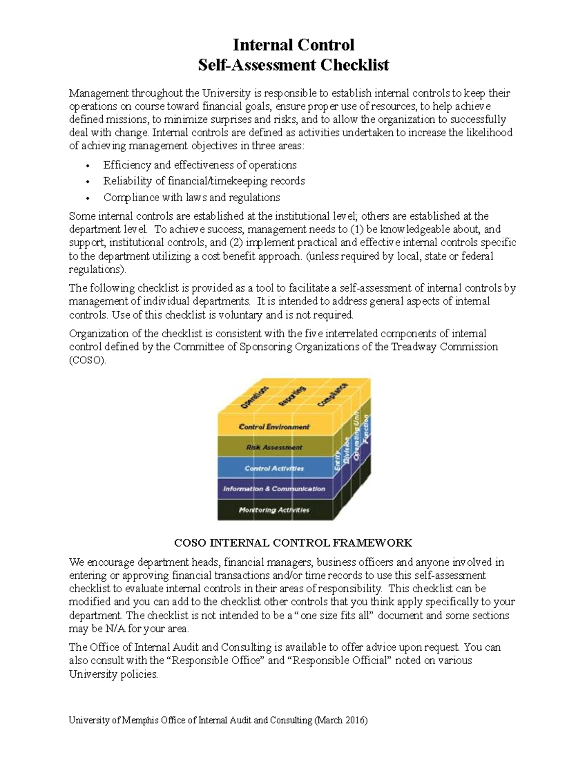 Internal Control Self Assessment Report