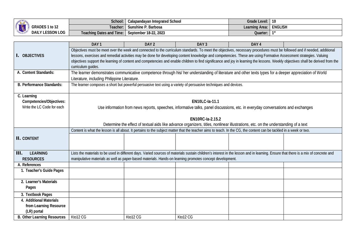 DLL English 10 Q1 Week 4 Sept. 18-22, 2023 - GRADES 1 to 12 DAILY ...