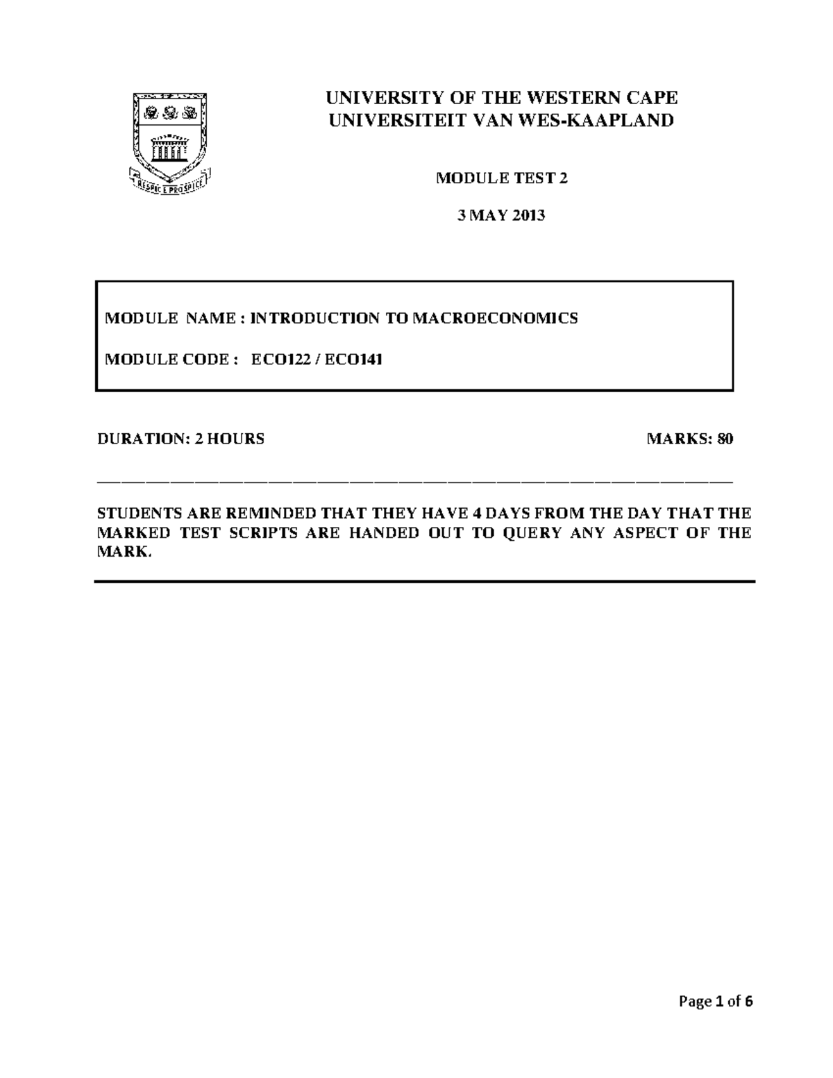 ECO142 2013 05 03 Module Test 2 - UNIVERSITY OF THE WESTERN CAPE ...