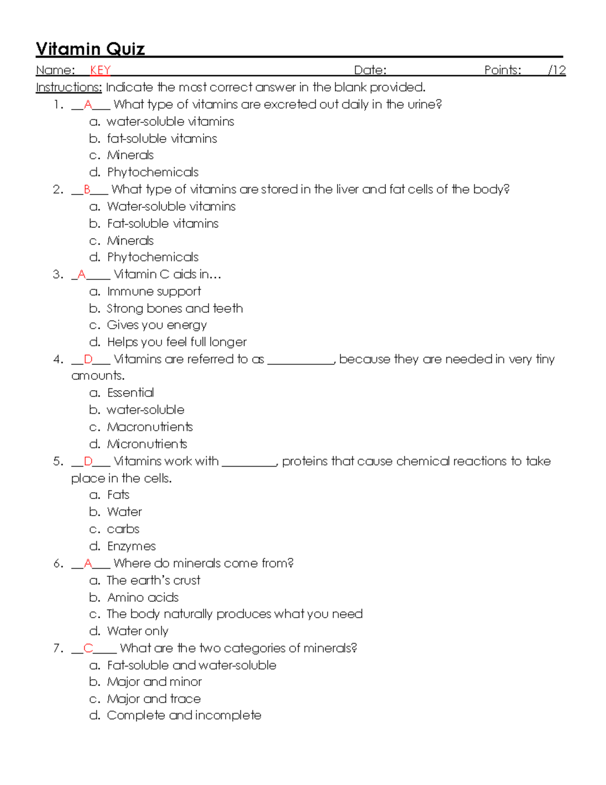 Key Vitmain Quiz - Answer Key - Vitamin Quiz