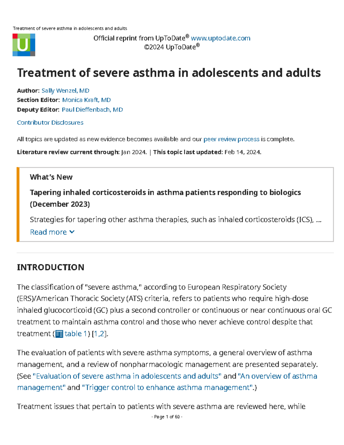 Treatment of severe asthma in adolescents and adults Official reprint from UpToDate uptodate