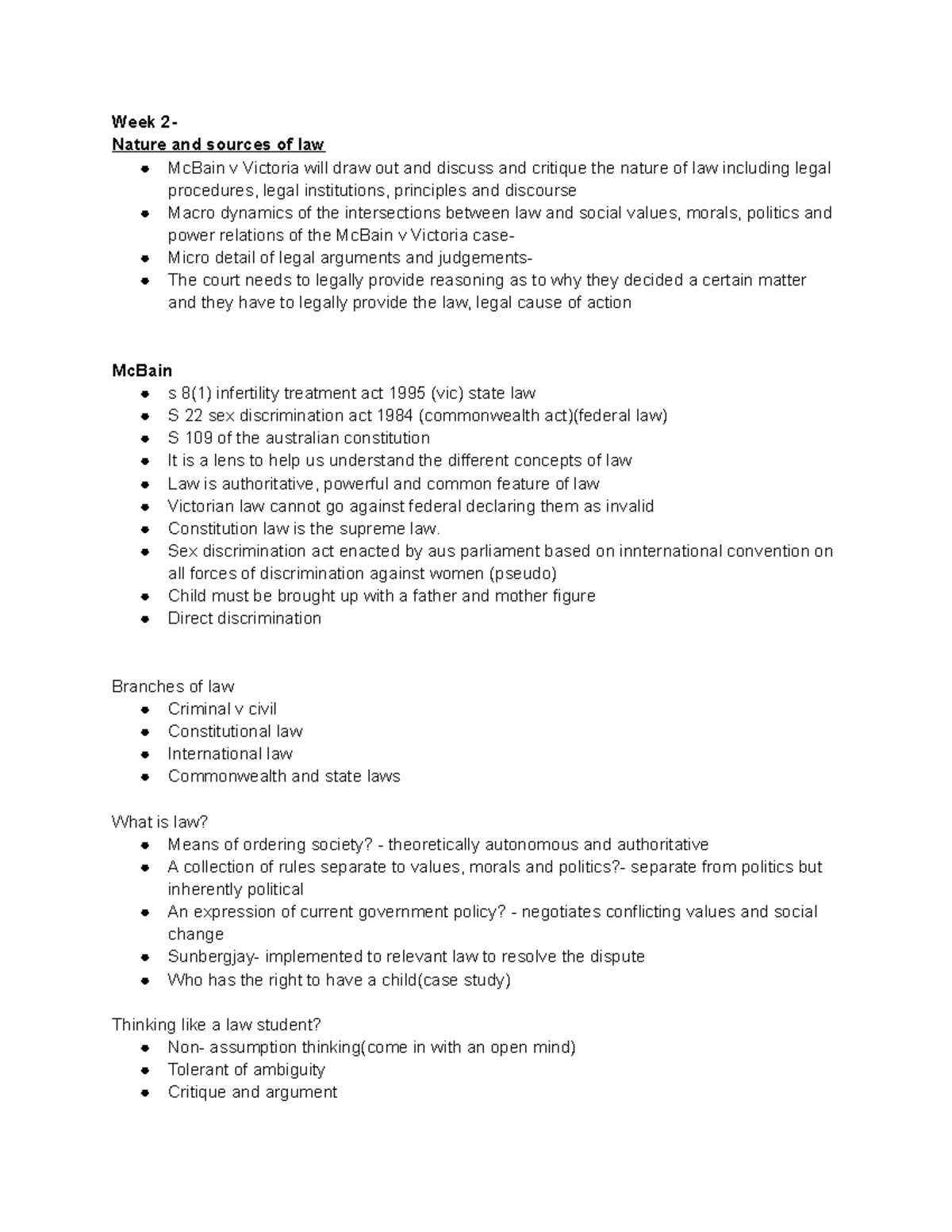Week 2 notes-LLB1100 - Week 2- Nature and sources of law McBain v ...