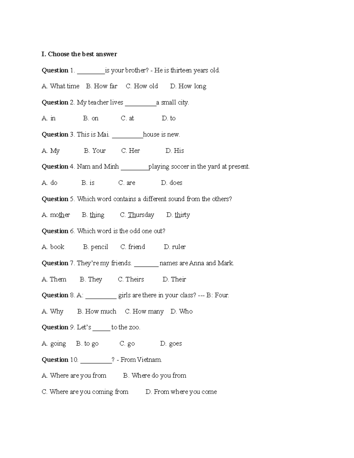 Revisonunit 1 - abcddddddddddddd - I. Choose the best answer Question 1 ...