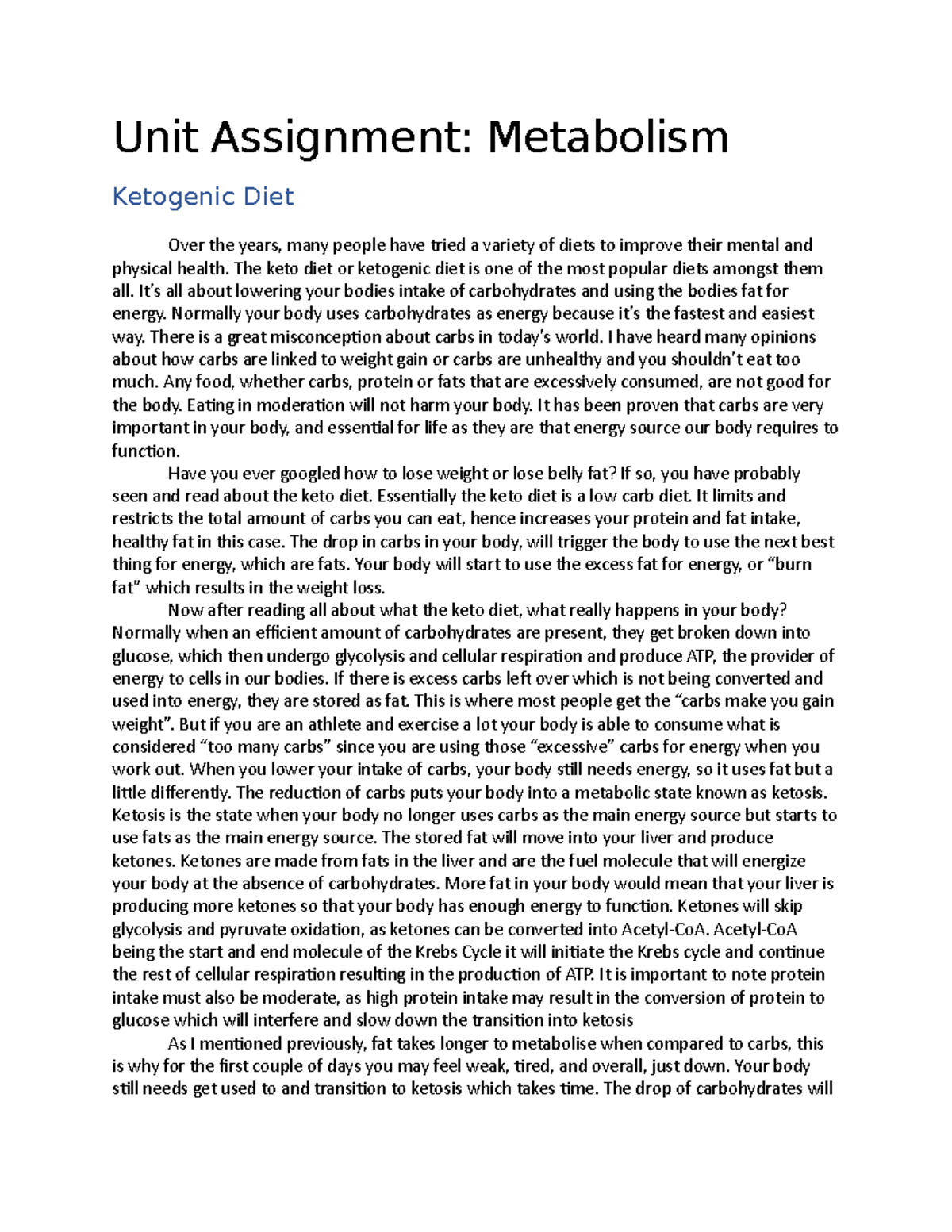 keto diet analysis assignment quizlet