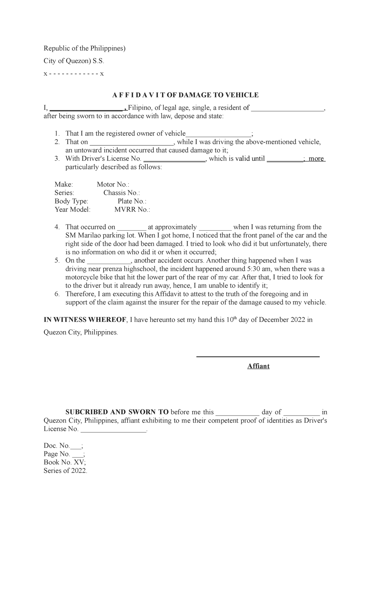 Affidavit OF Damage Vehicle Republic of the Philippines) City of