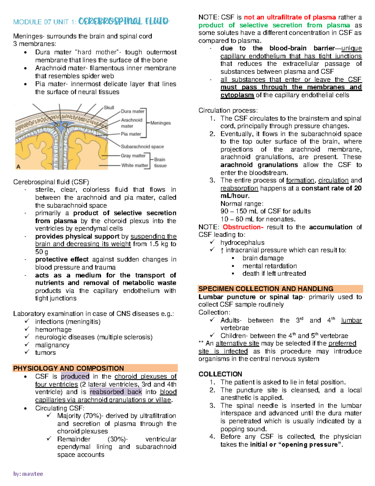 M7U1 Csf - M7U1 Csf - MODULE 07 UNIT 1: CEREBROSPINAL FLUID Meninges ...