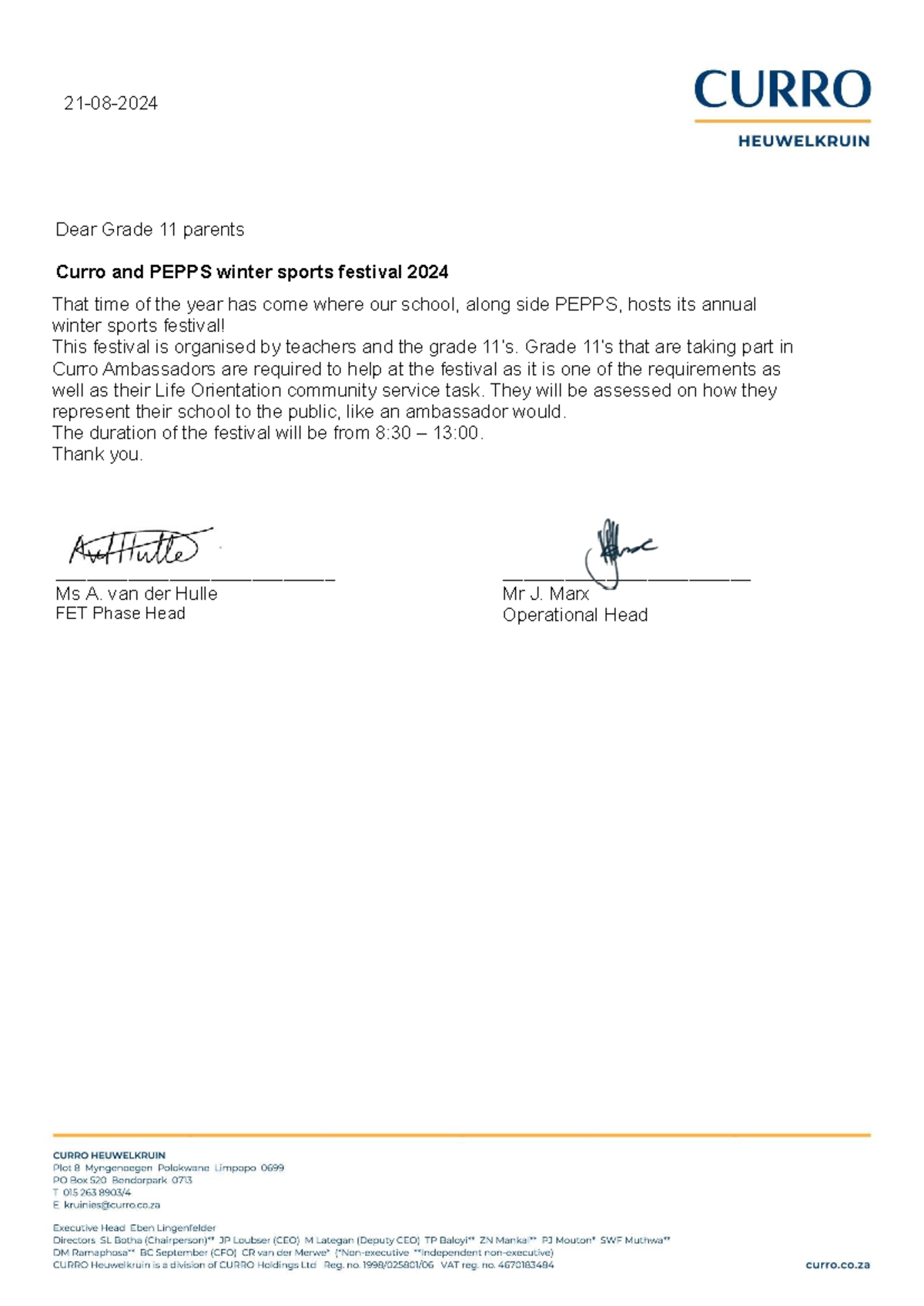 Letter to host company CHK 2024 - 2024 - 06 - 20 Dear Grade 11 parents ...
