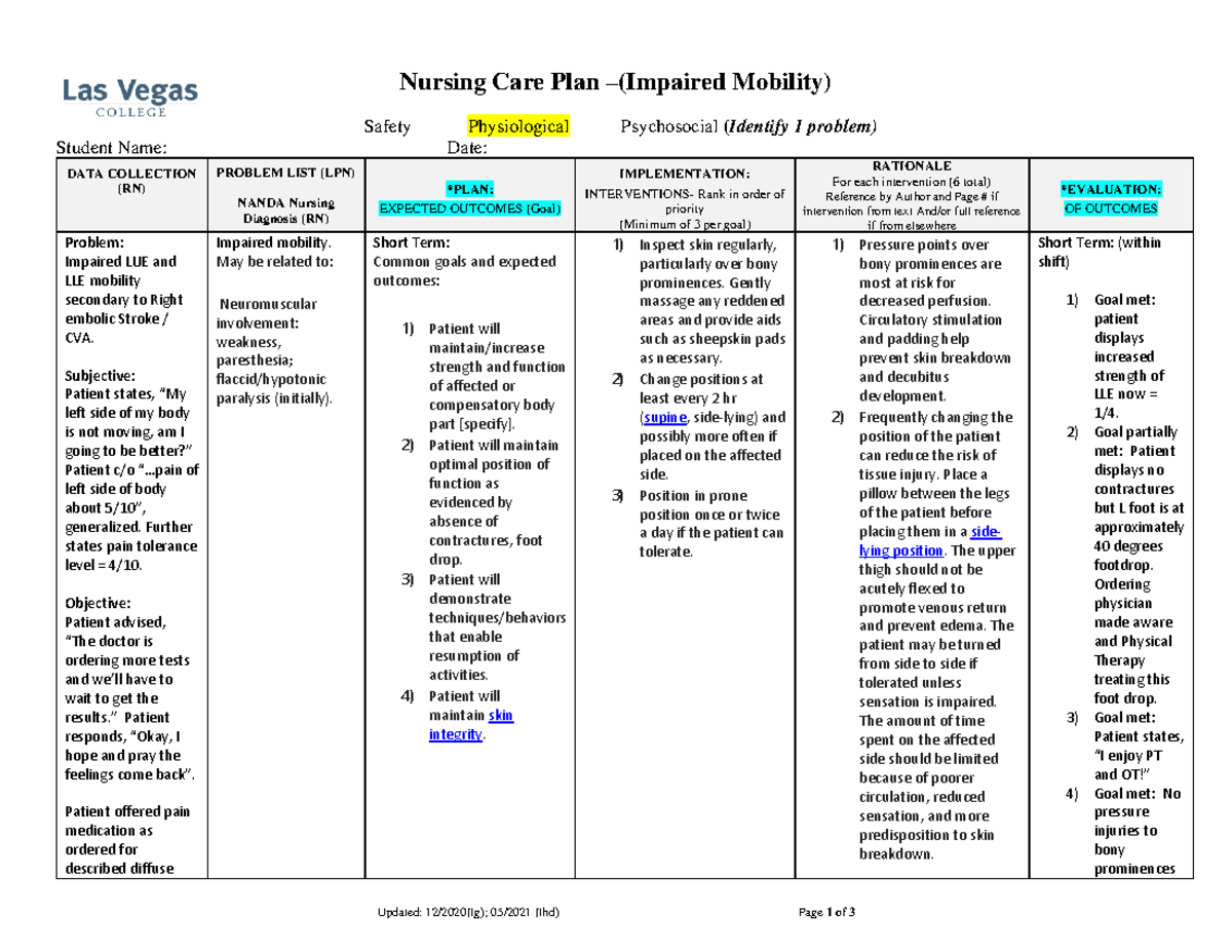 Care Plan Sample Stroke CVA 2023 LDoier - Updated: 12/2020(lg); 05/2021 ...