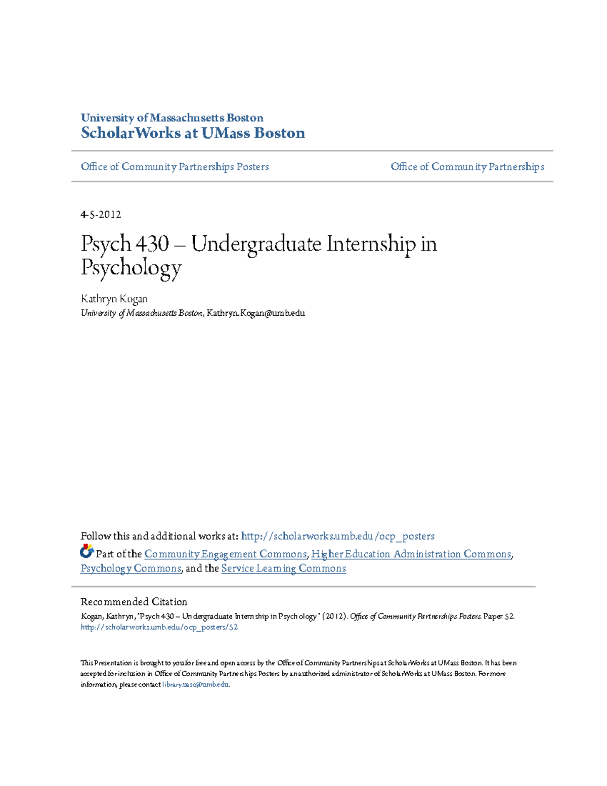 Psych 430 Undergraduate Internship in Ps University of Massachusetts