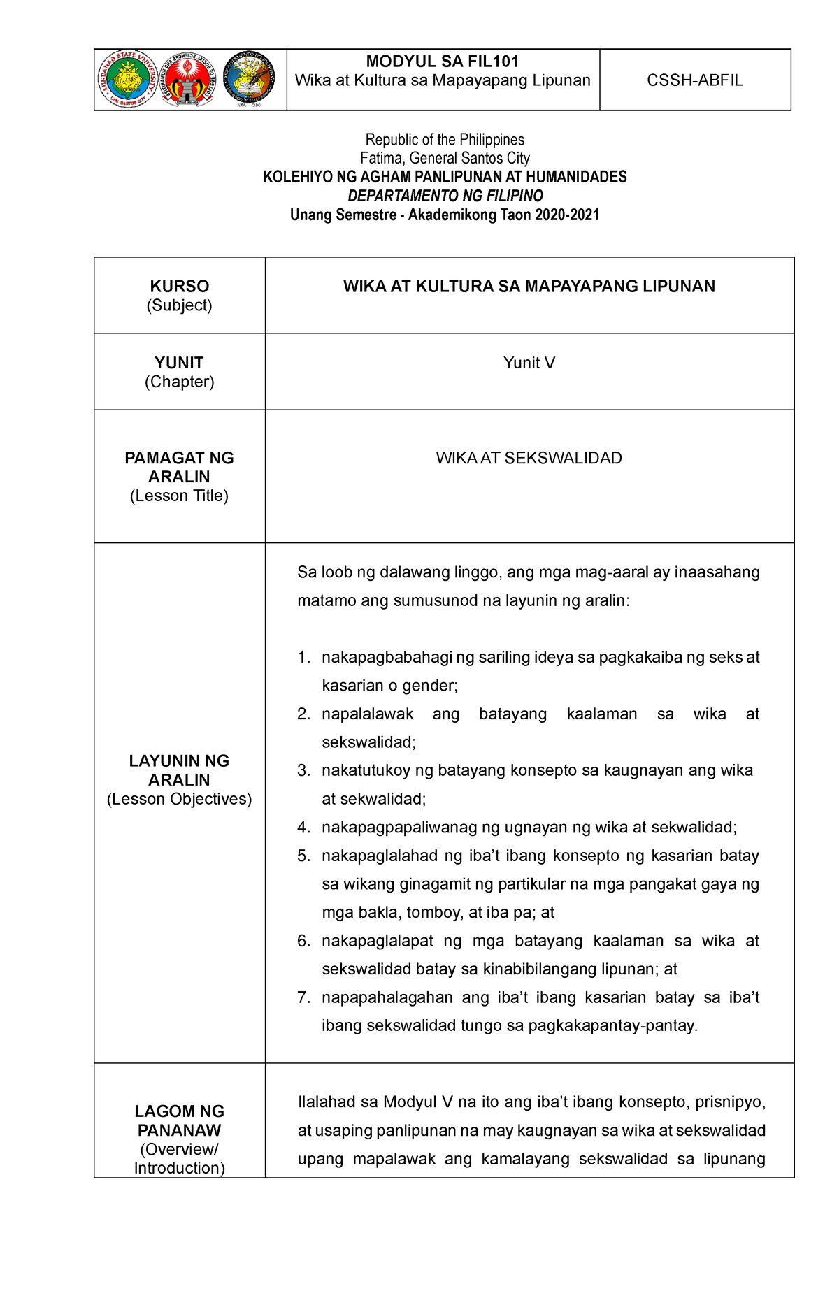 Modyul 5 FIL101A Wika At Sekswalidad - Wika At Kultura Sa Mapayapang ...