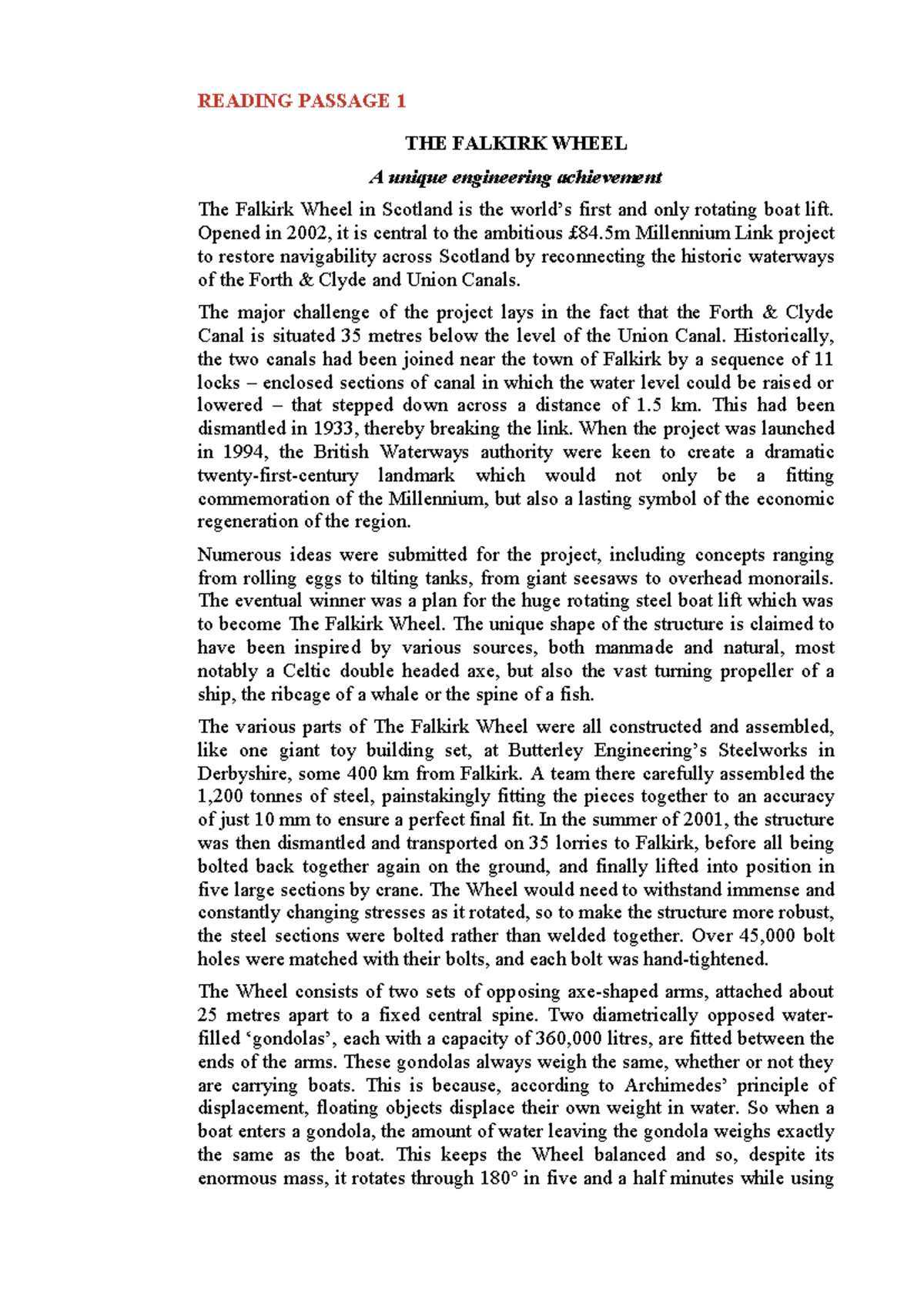 Reading Passage 1 - READING PASSAGE 1 THE FALKIRK WHEEL A unique ...