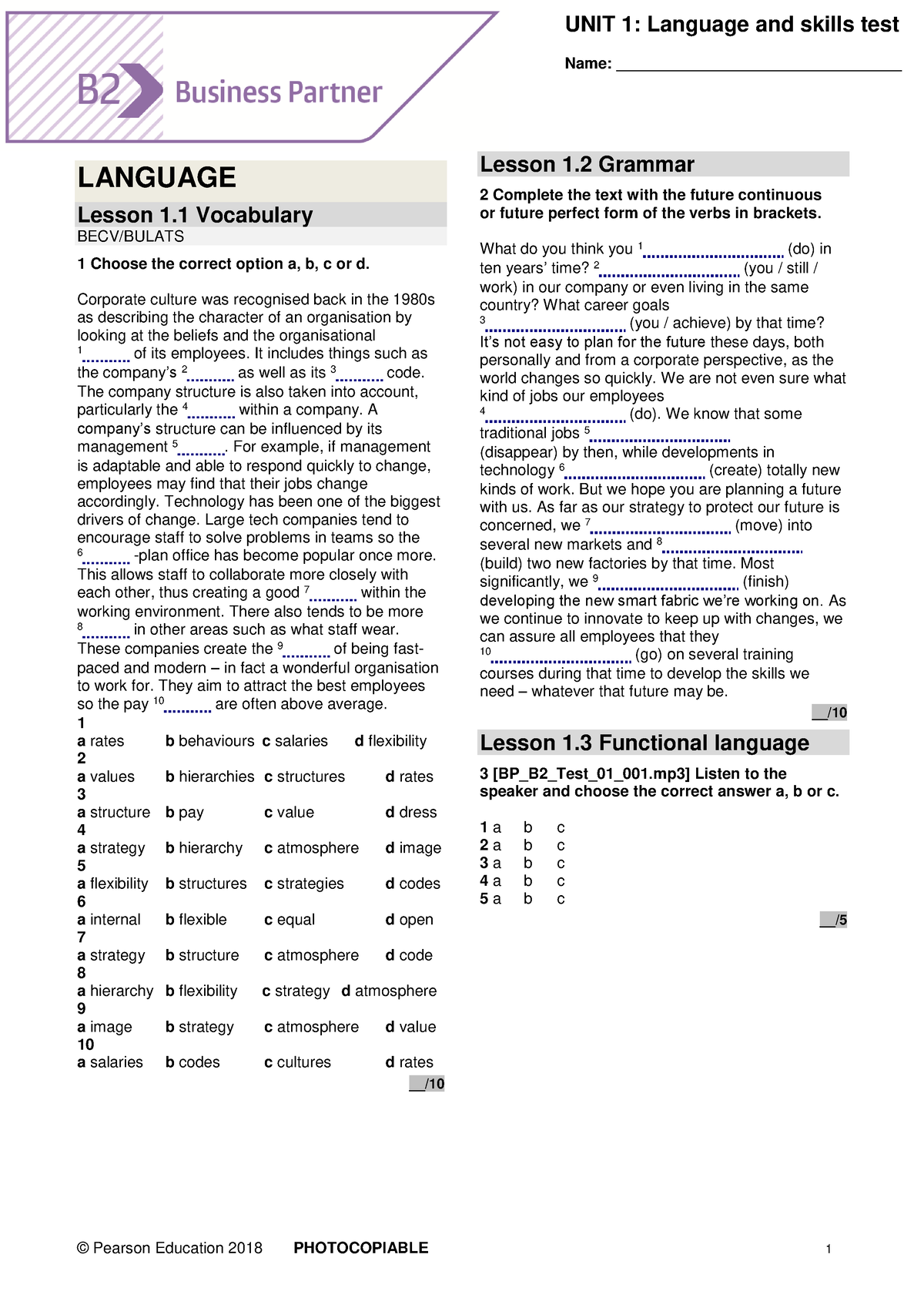 BP B2 Tests Unit1 - © Pearson Education 2018 PHOTOCOPIABLE 1 UNIT 1 ...