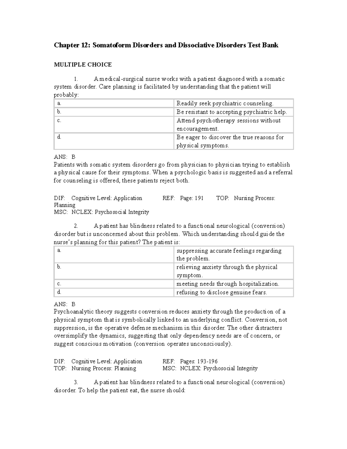 Chapter 12 Somatoform Disorders and Dissociative Disorders - A medical ...