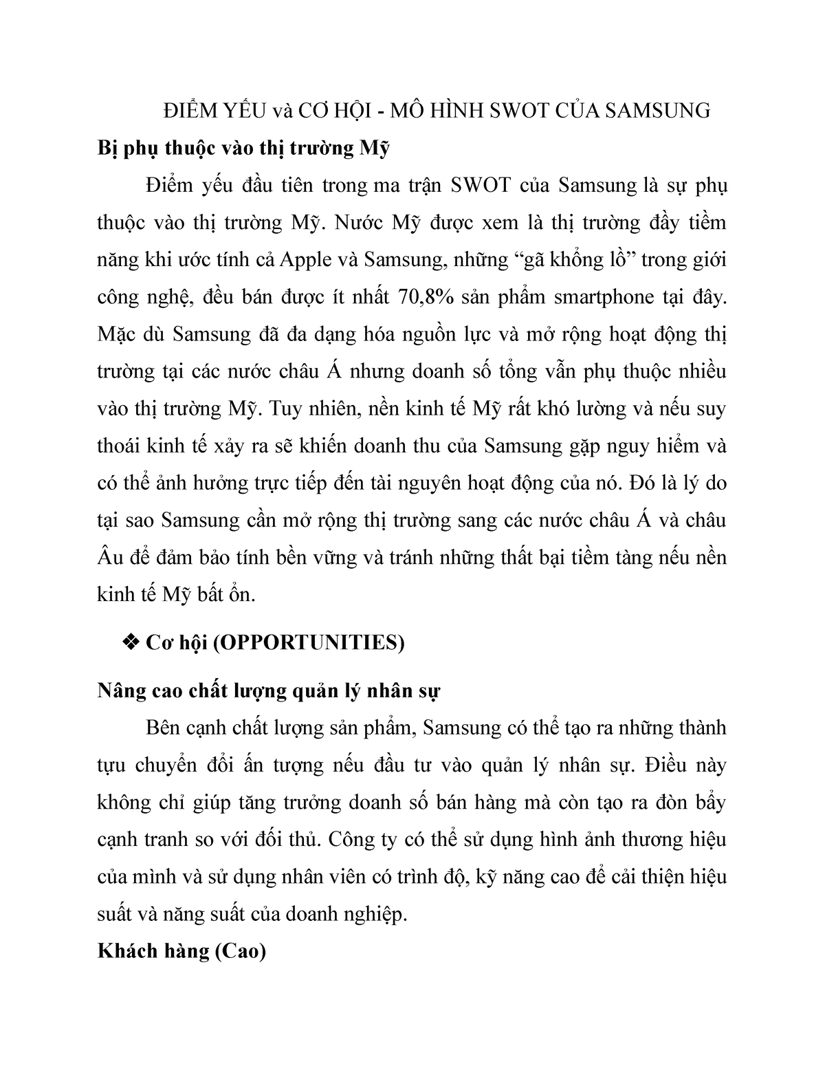 ĐIỂM YẾU và CƠ HỘI  MÔ HÌNH SWOT CỦA Samsung  ĐIỂM YẾU và CƠ HỘI  MÔ  HÌNH SWOT CỦA SAMSUNG Bị phụ  Studocu