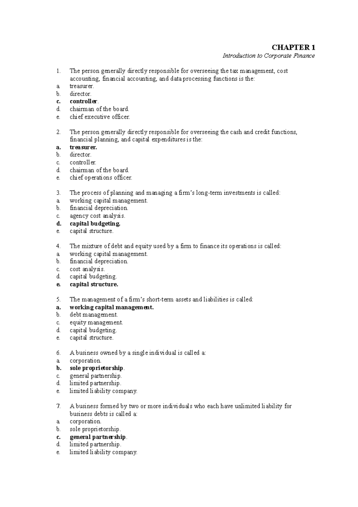 Chapter 1 HW - CHAPTER 1 Introduction to Corporate Finance The person ...