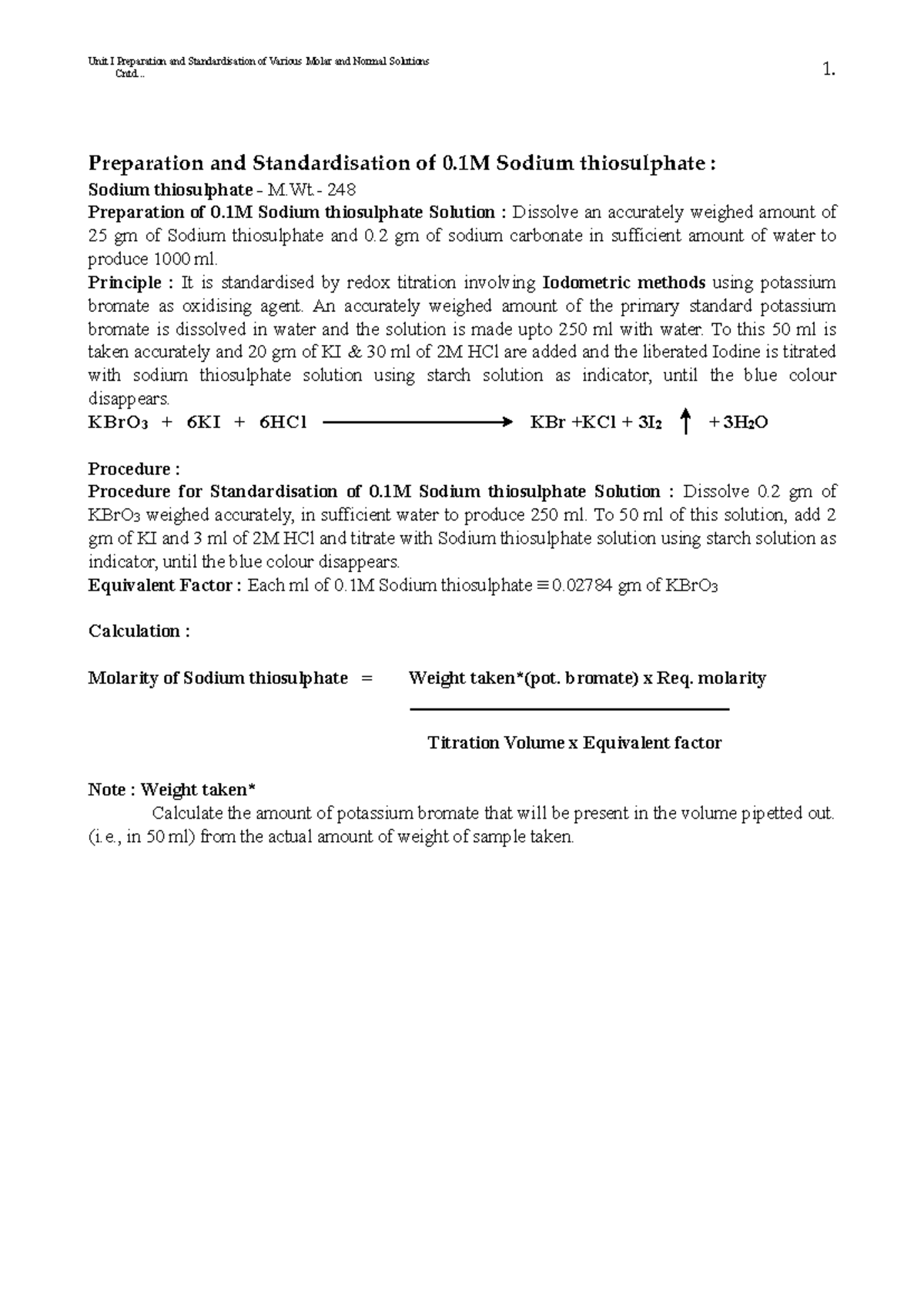 Prpn and stdn of stand sols - Cntd...! 1. Preparation and ...