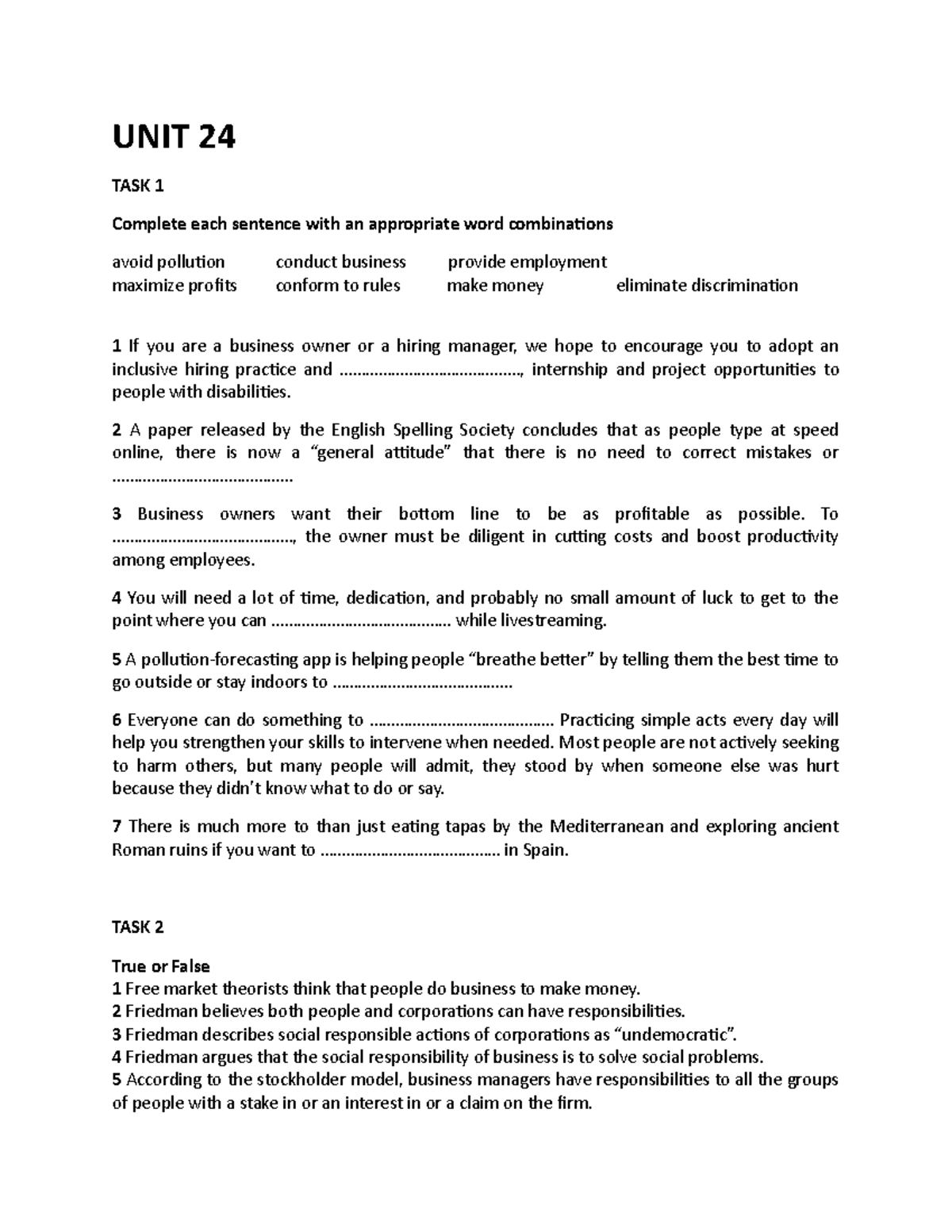 UNIT 24- Handout - ENGLISH - UNIT 24 TASK 1 Complete each sentence with ...