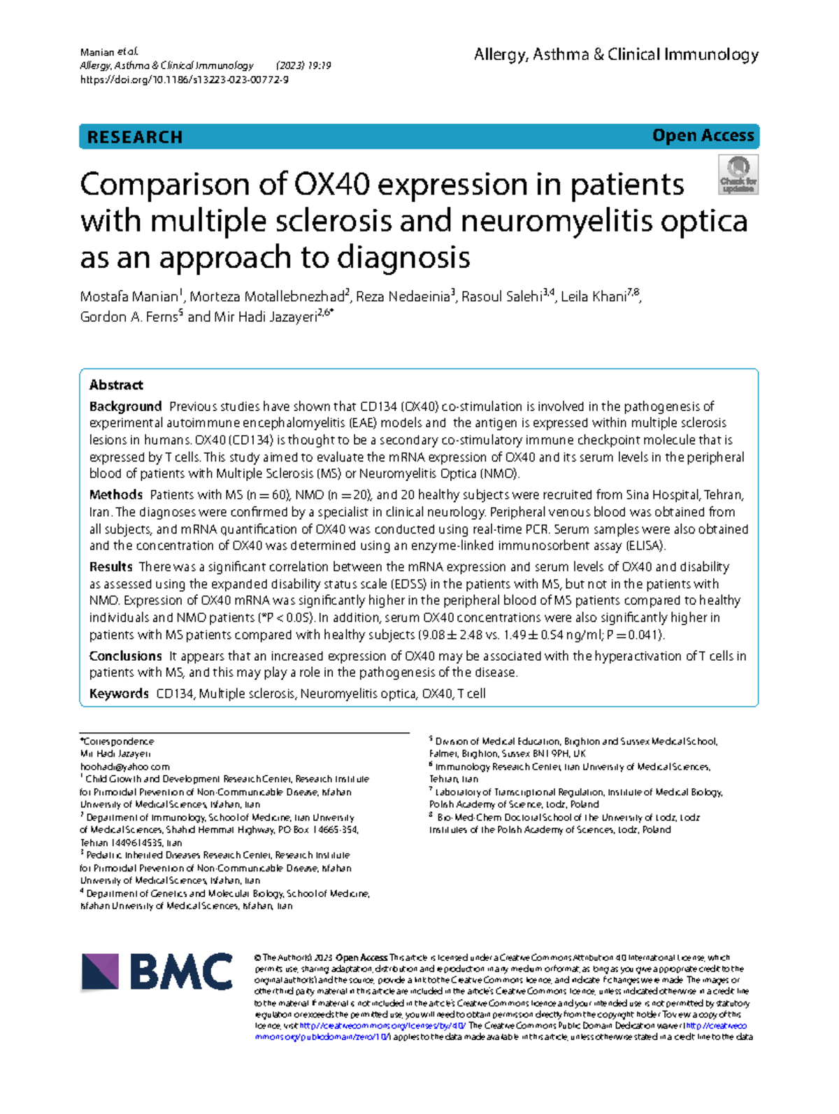 Comparison of OX40 expression in patients with multiple sclerosis and ...