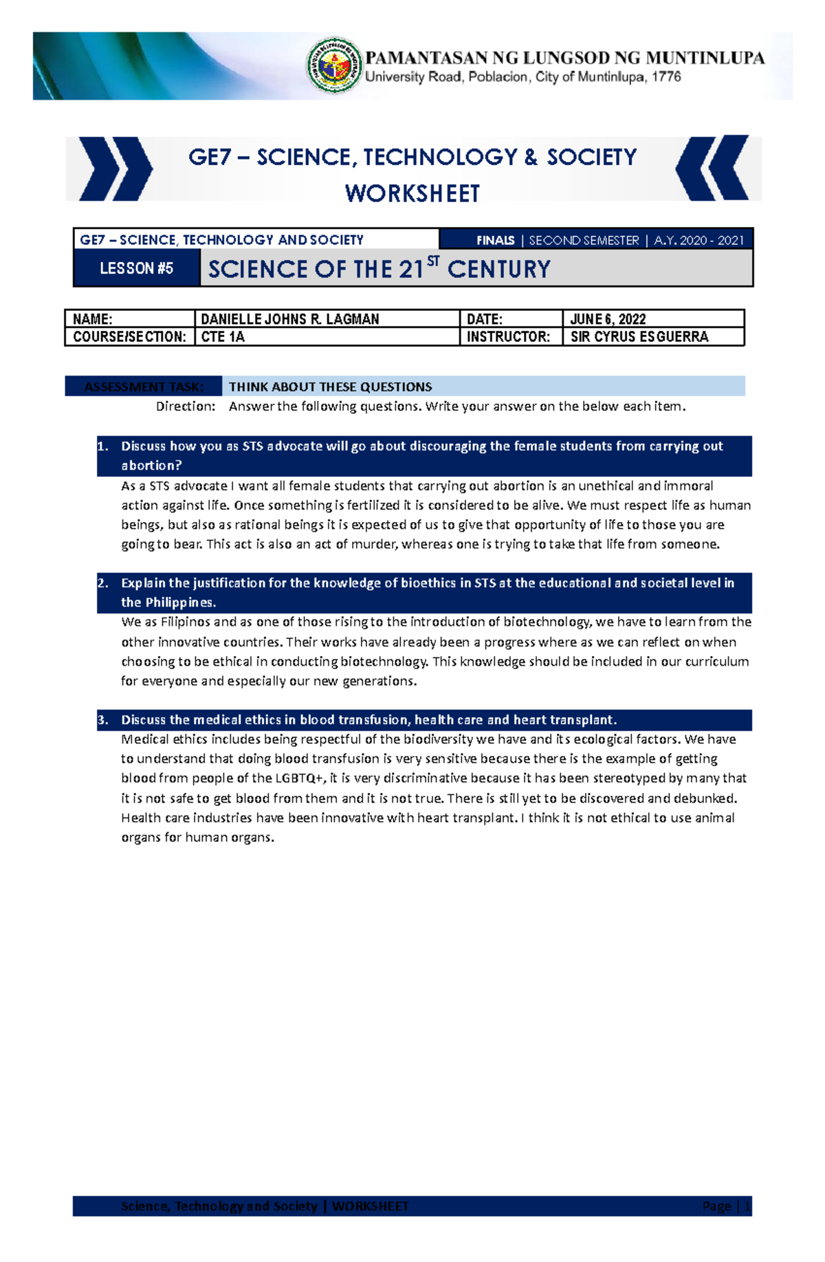 Activity FOR Lesson #5 - Science OF THE 21ST Century - GE7 – SCIENCE ...