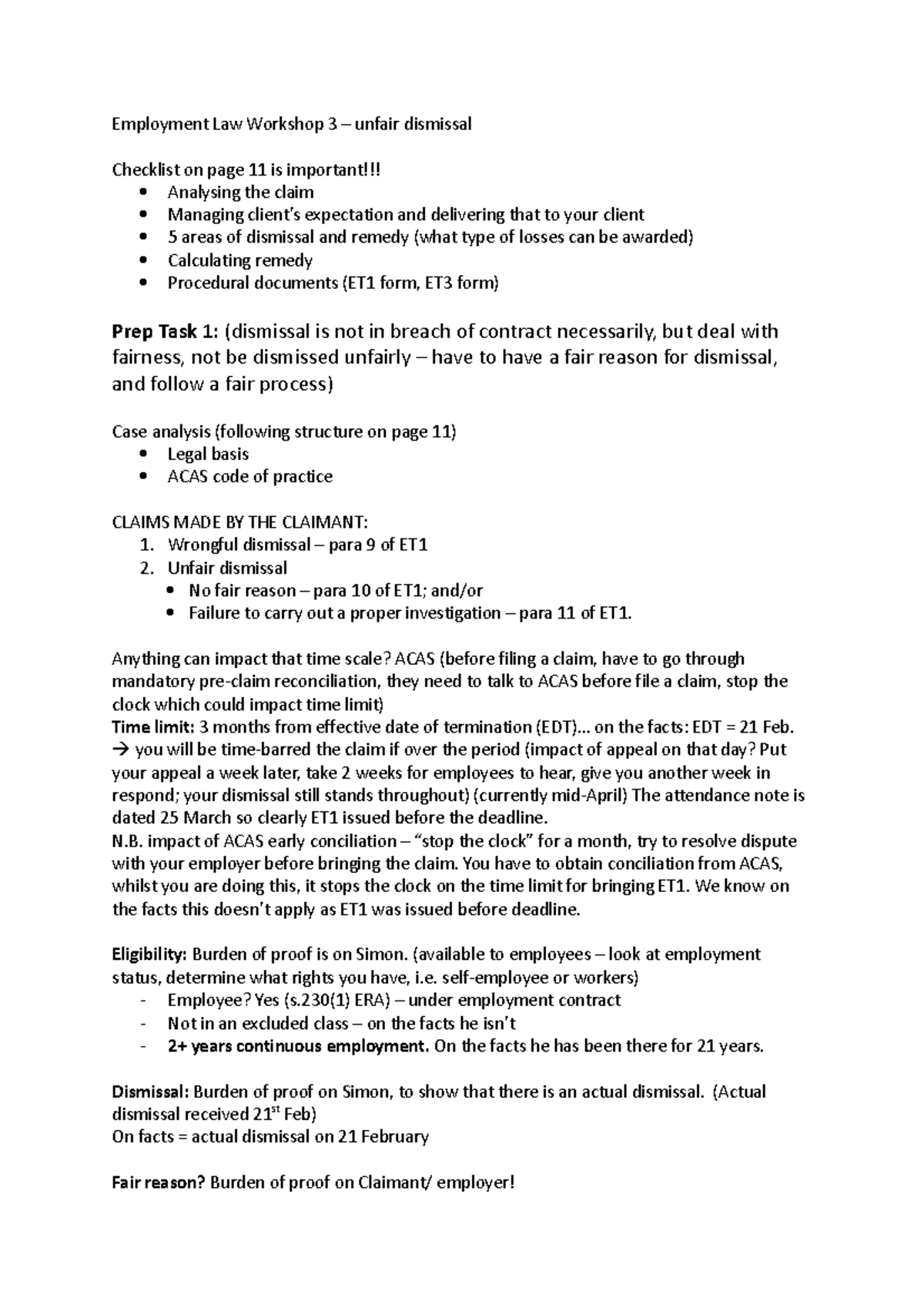WS 3 - Unfair Dismissal - Employment law Lpc workshop - Employment Law ...