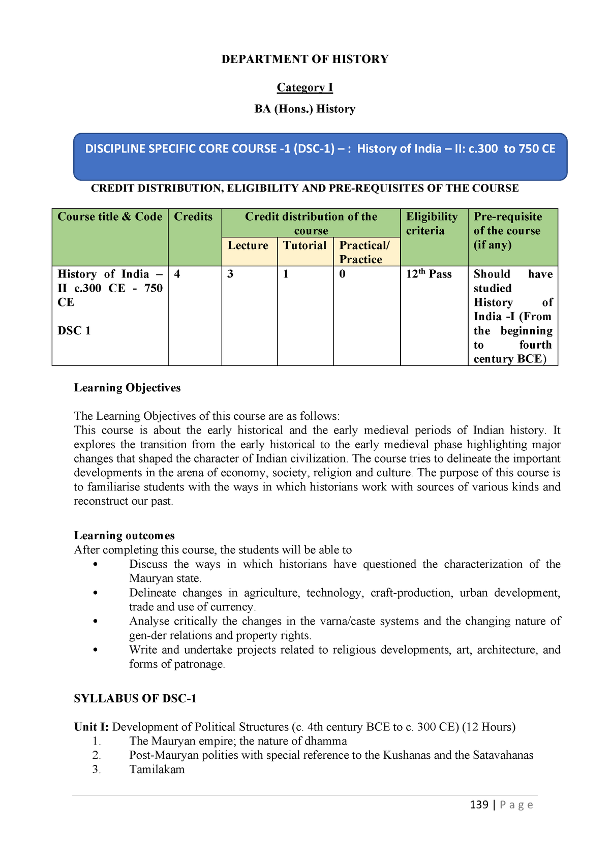 History Syllabus Semester 2 - DEPARTMENT OF HISTORY Category I BA (Hons ...