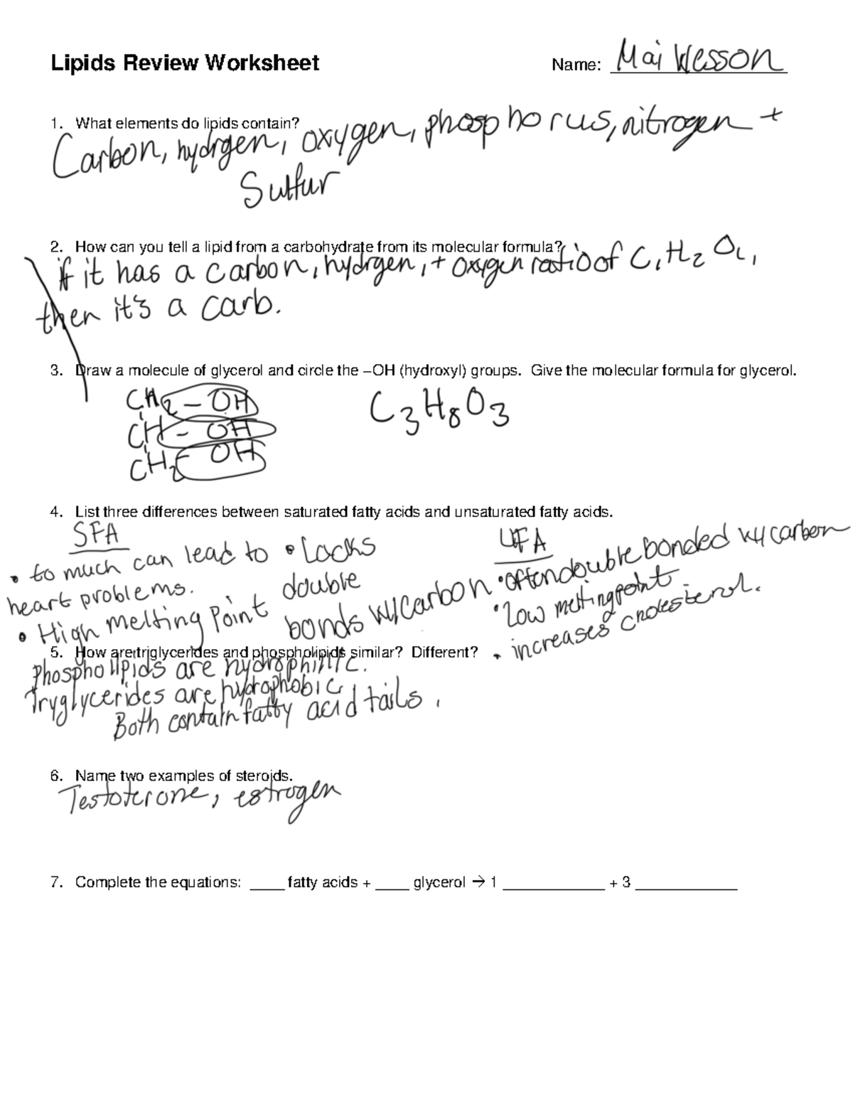 Lipids Final Exam Review Sheet - Lipids Review Worksheet Name ...