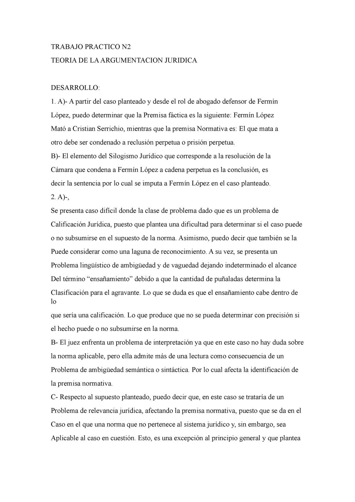 Tp N Teoria De La Argumentacion Juridica Trabajo Practico N Teoria