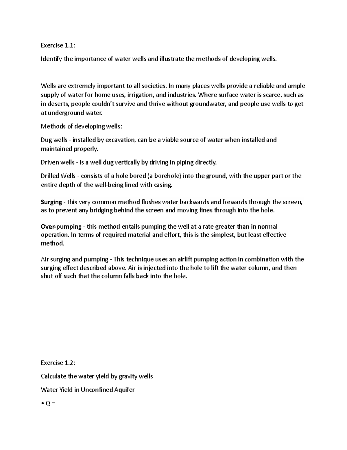 Exercise 1 Identify the importance of water wells and illustrate the